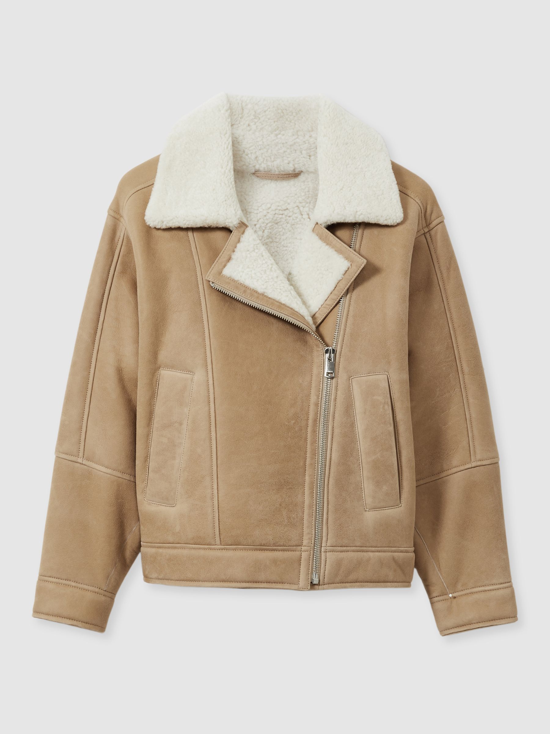 Shearling-Lined Leather Aviator Jacket in Neutral