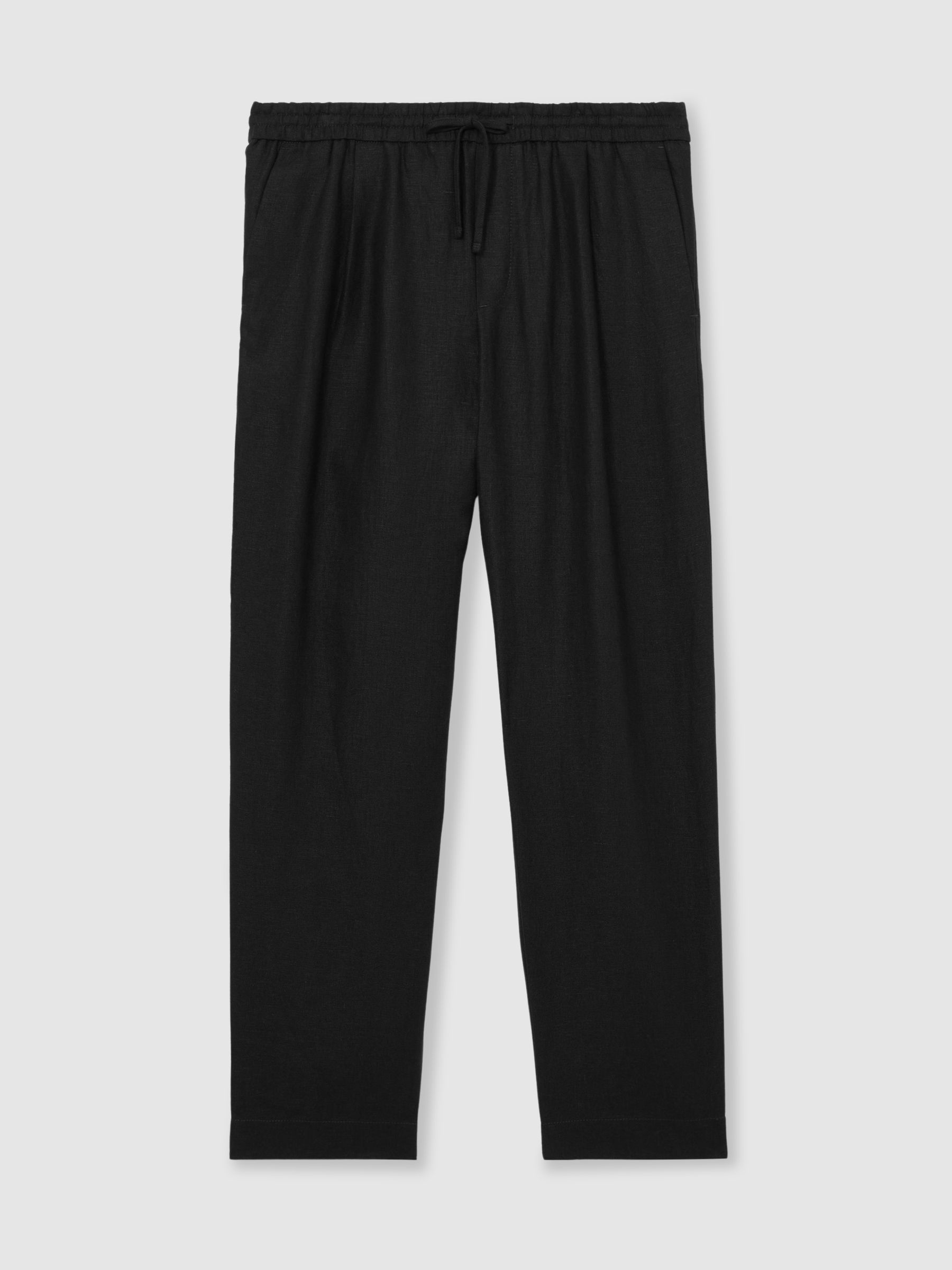 Linen Drawstring Relaxed-Fit Trousers in Black