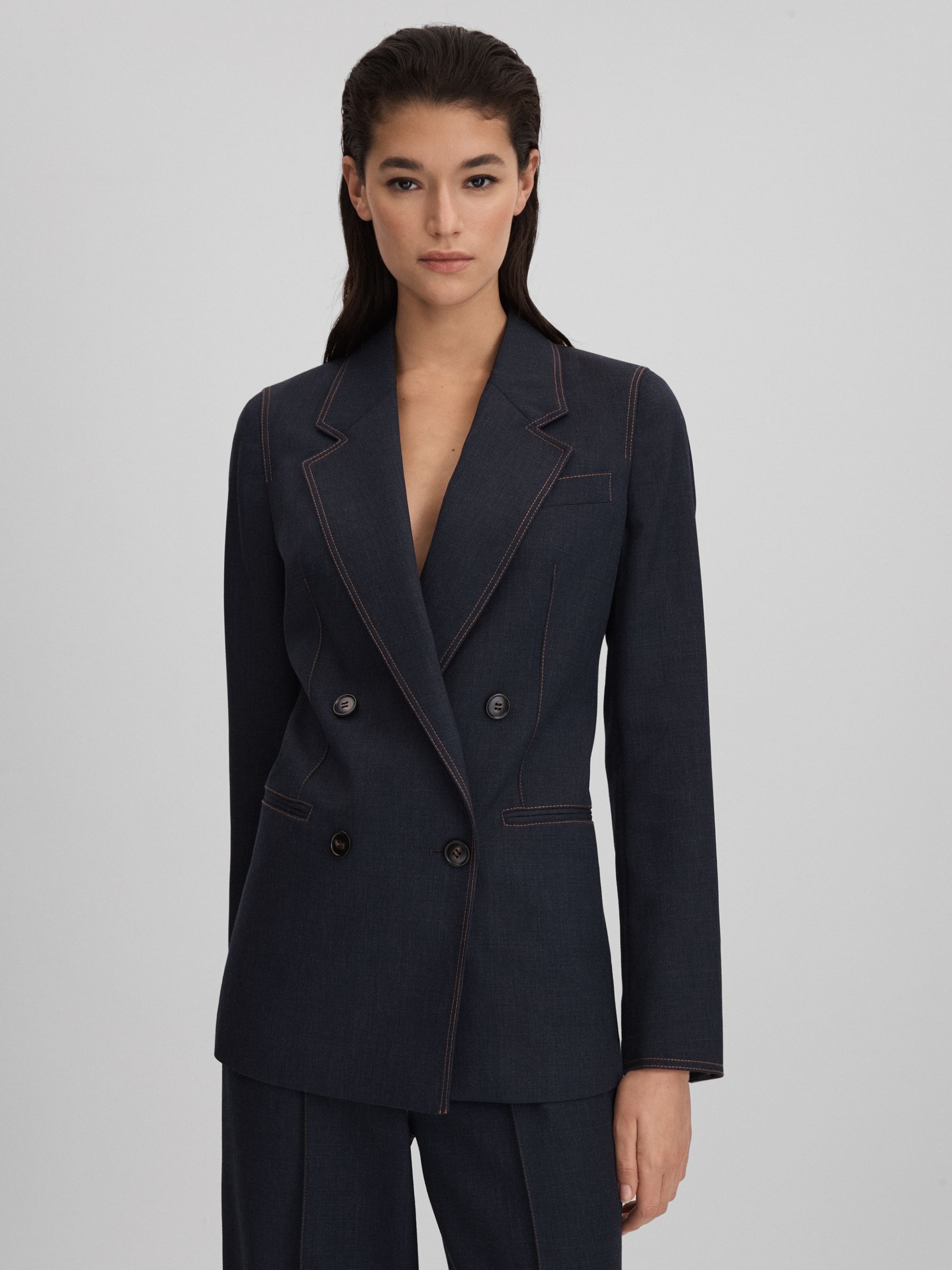 Wool Blend Denim Look Suit Blazer in Navy