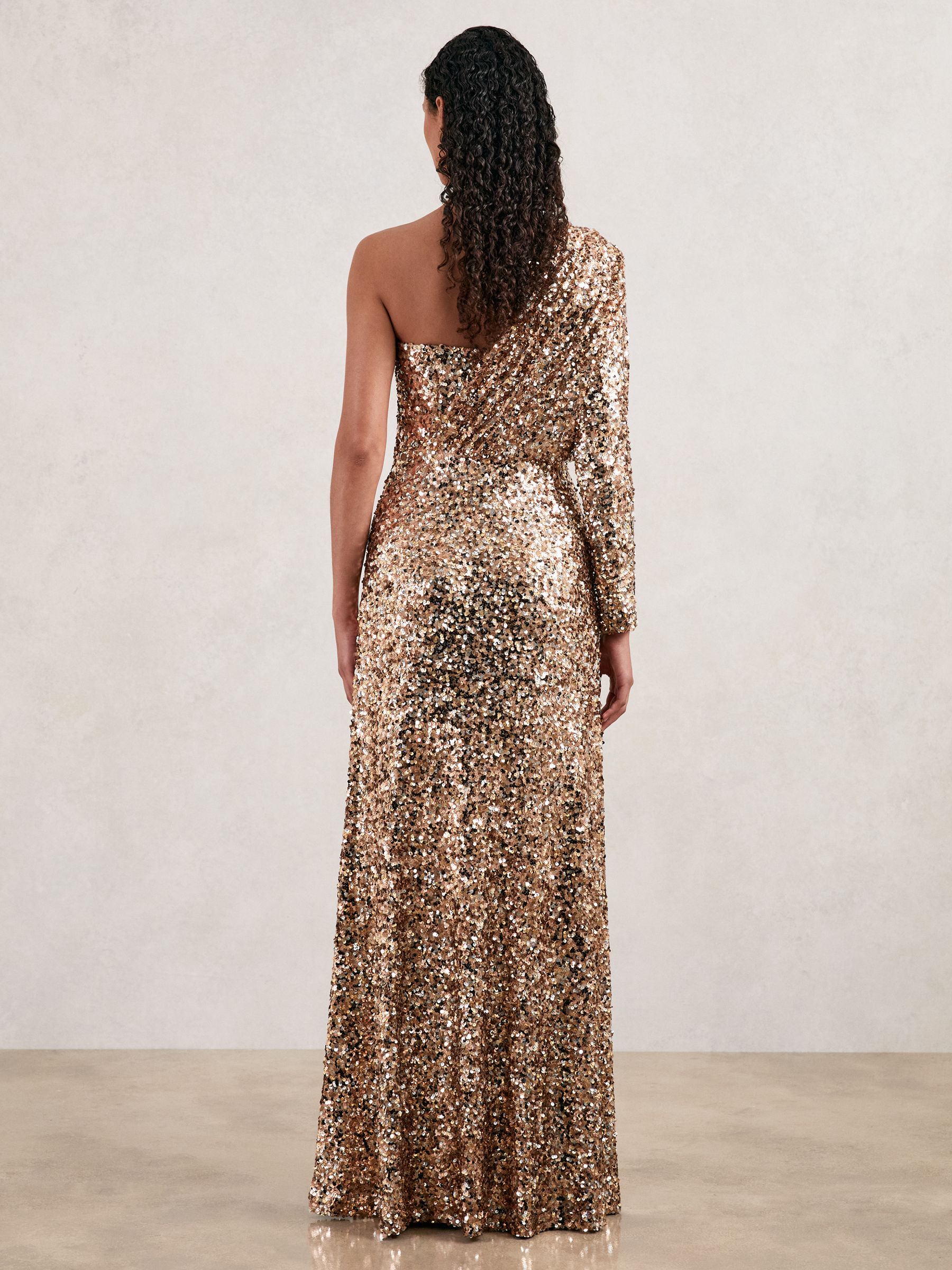 Halston Sequin One Shoulder Maxi Dress in Gold