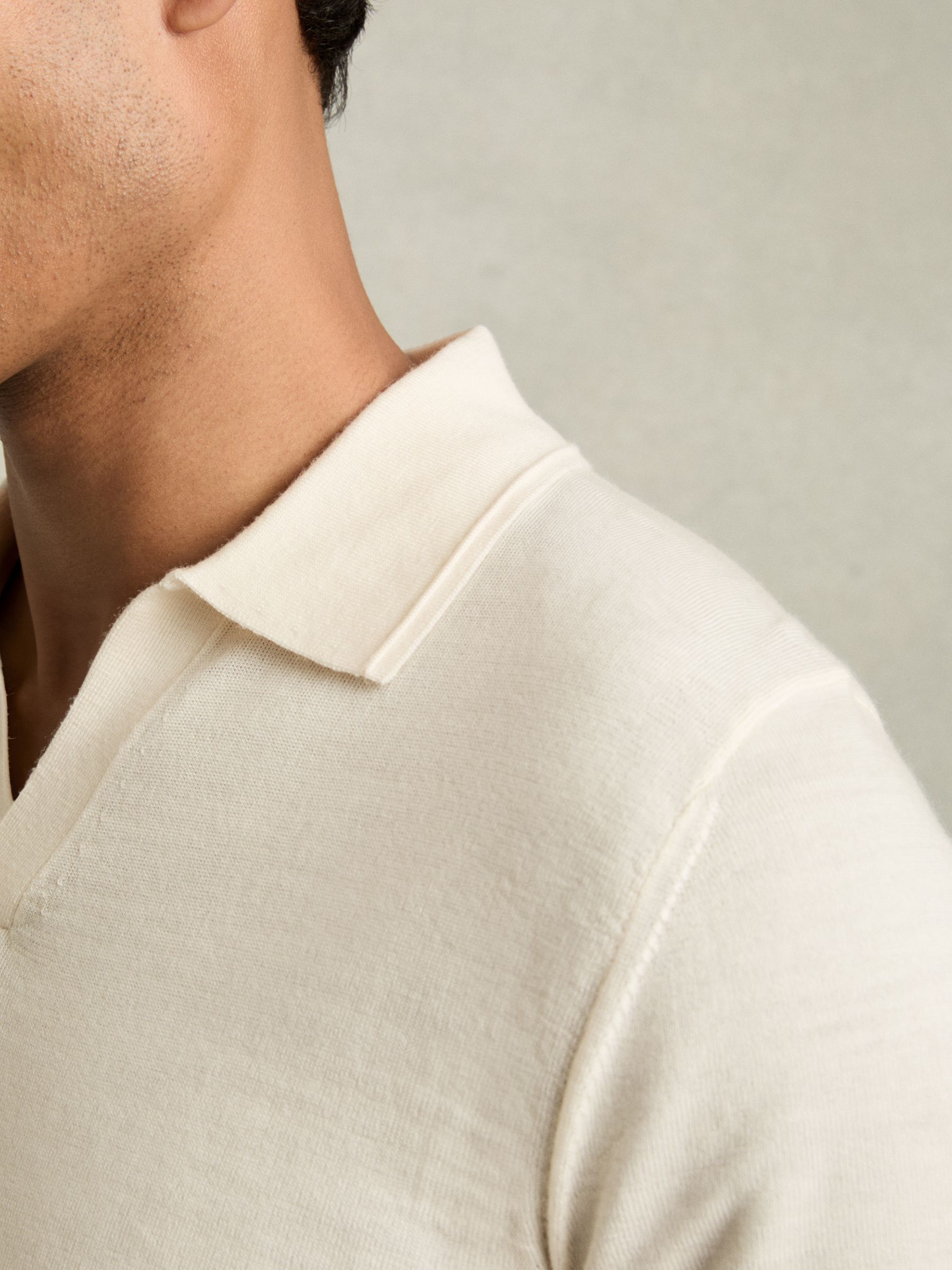 Merino Wool Open Collar Polo Shirt in Snow White