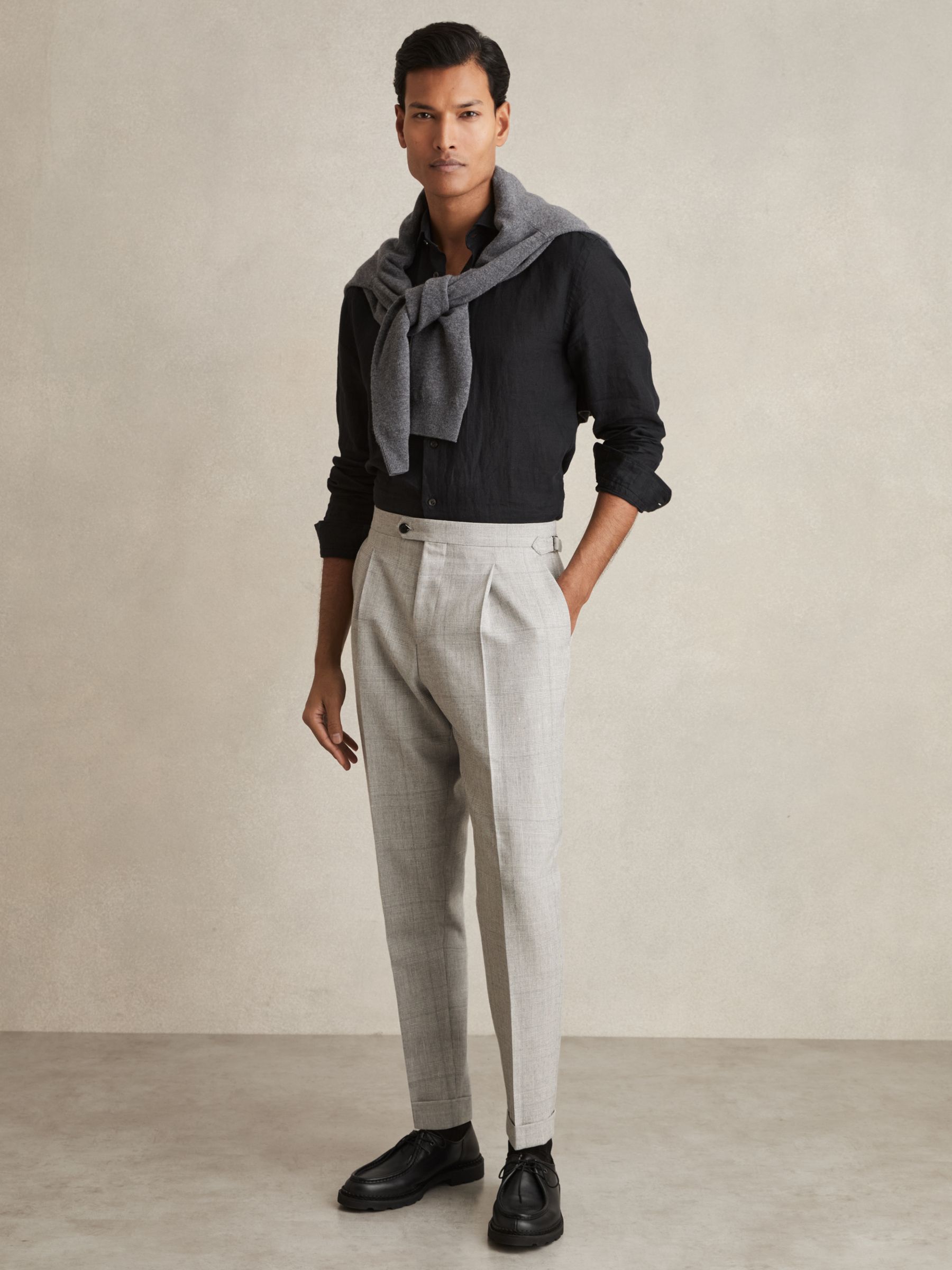 Wool-Linen Check Tapered Trousers in Soft Grey Melange