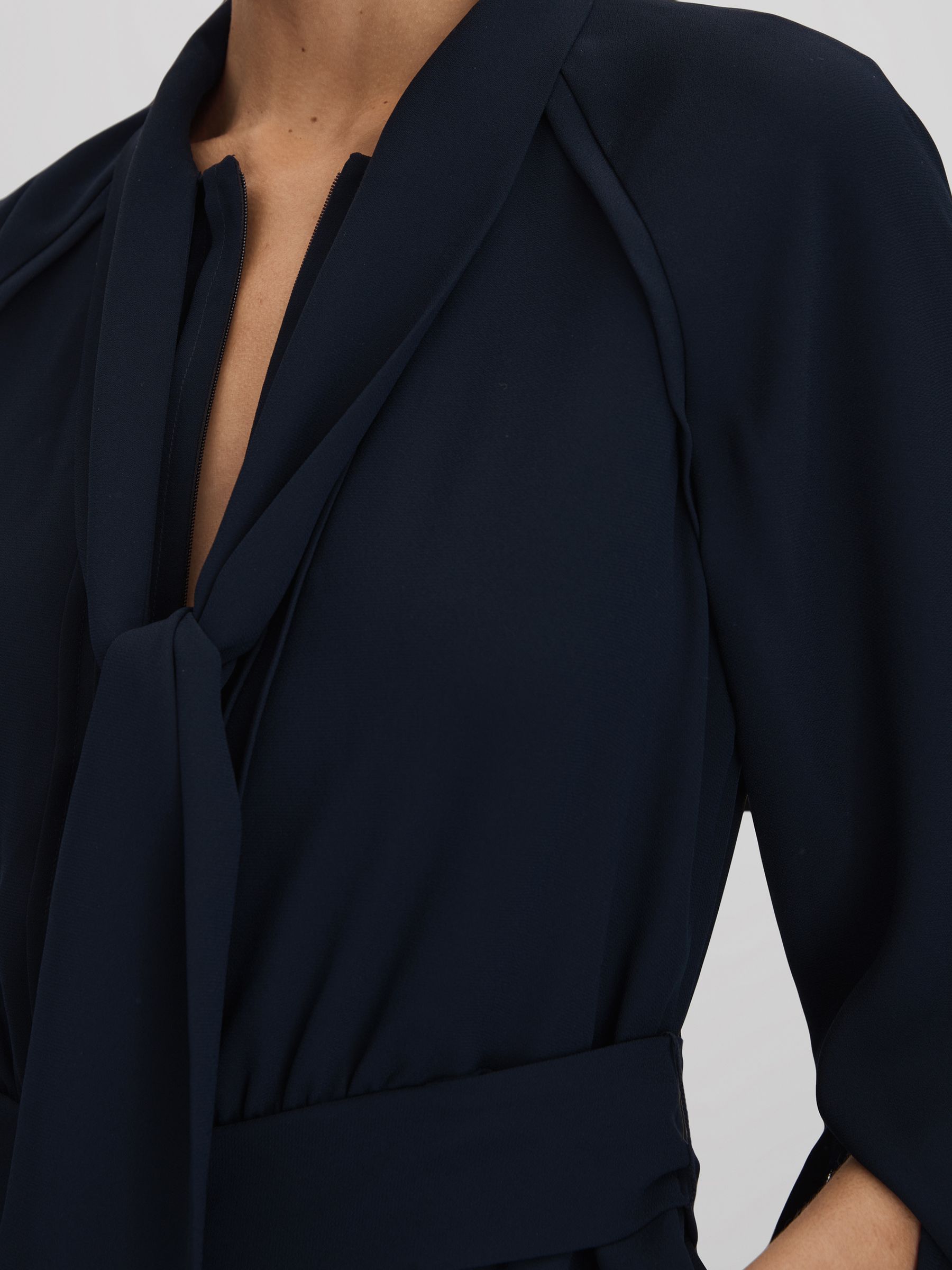 Tie Neck Zip Front Mini Dress in Navy