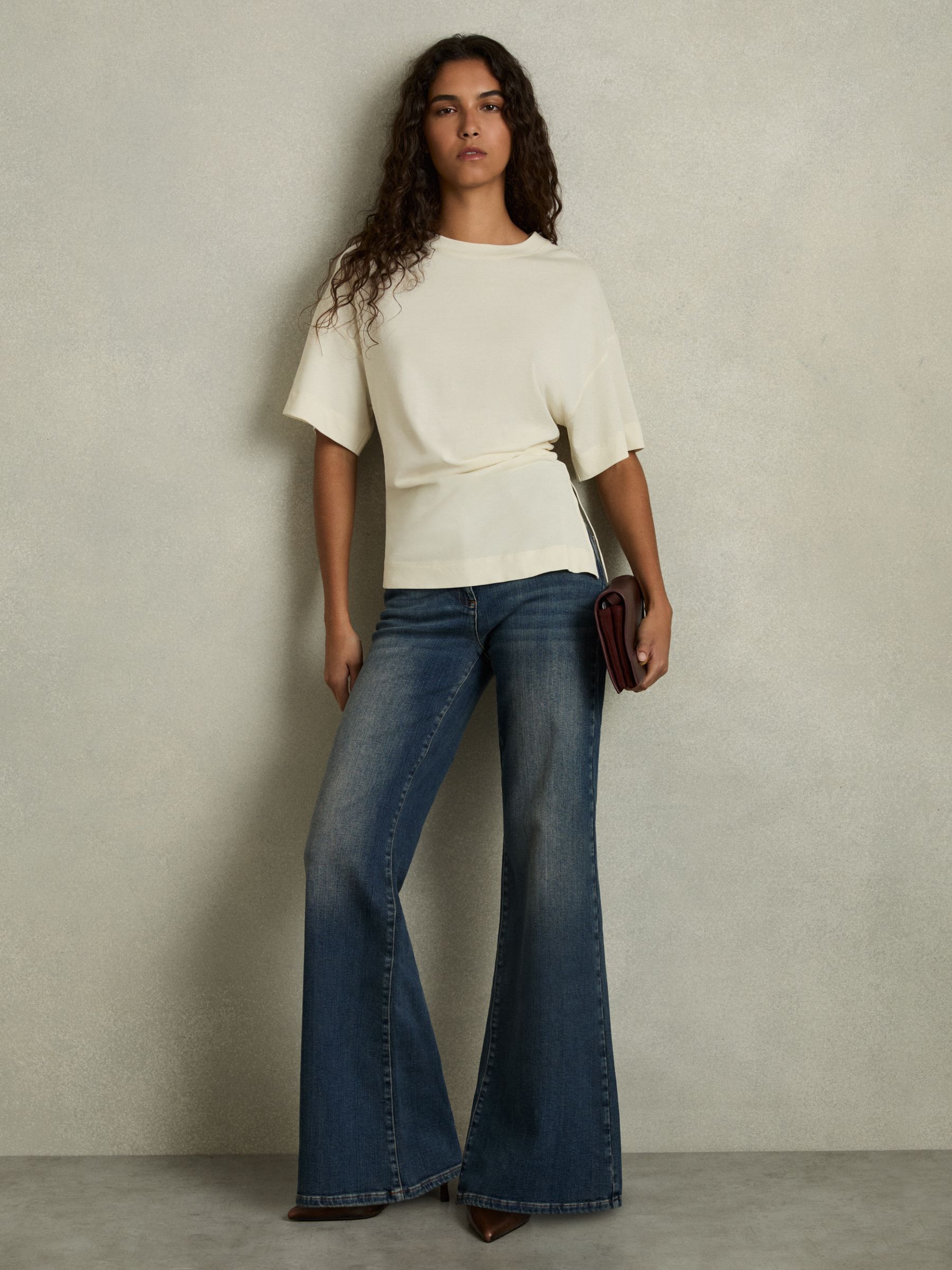 Draped Crew-Neck T-Shirt With Cotton in Ivory