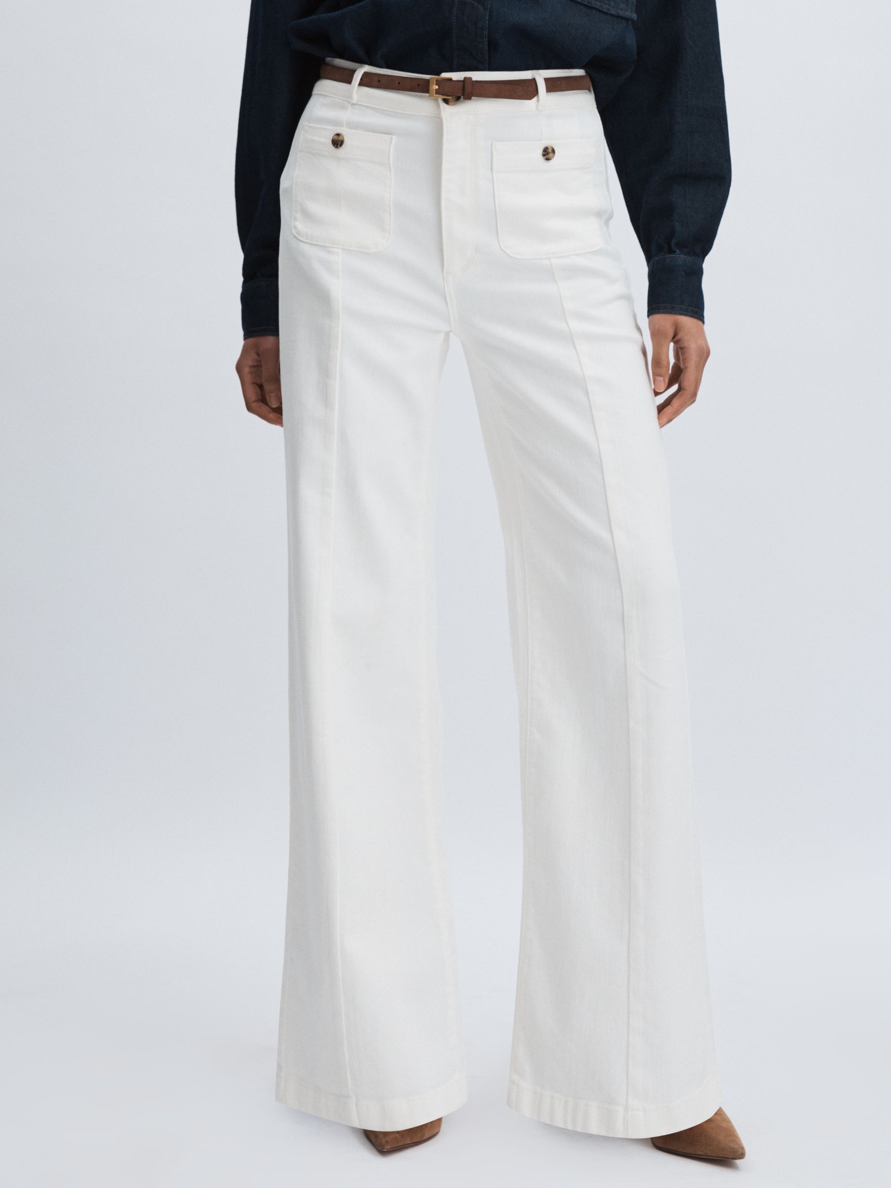 Paige Wide-Leg Patch Pocket Jeans in Ecru