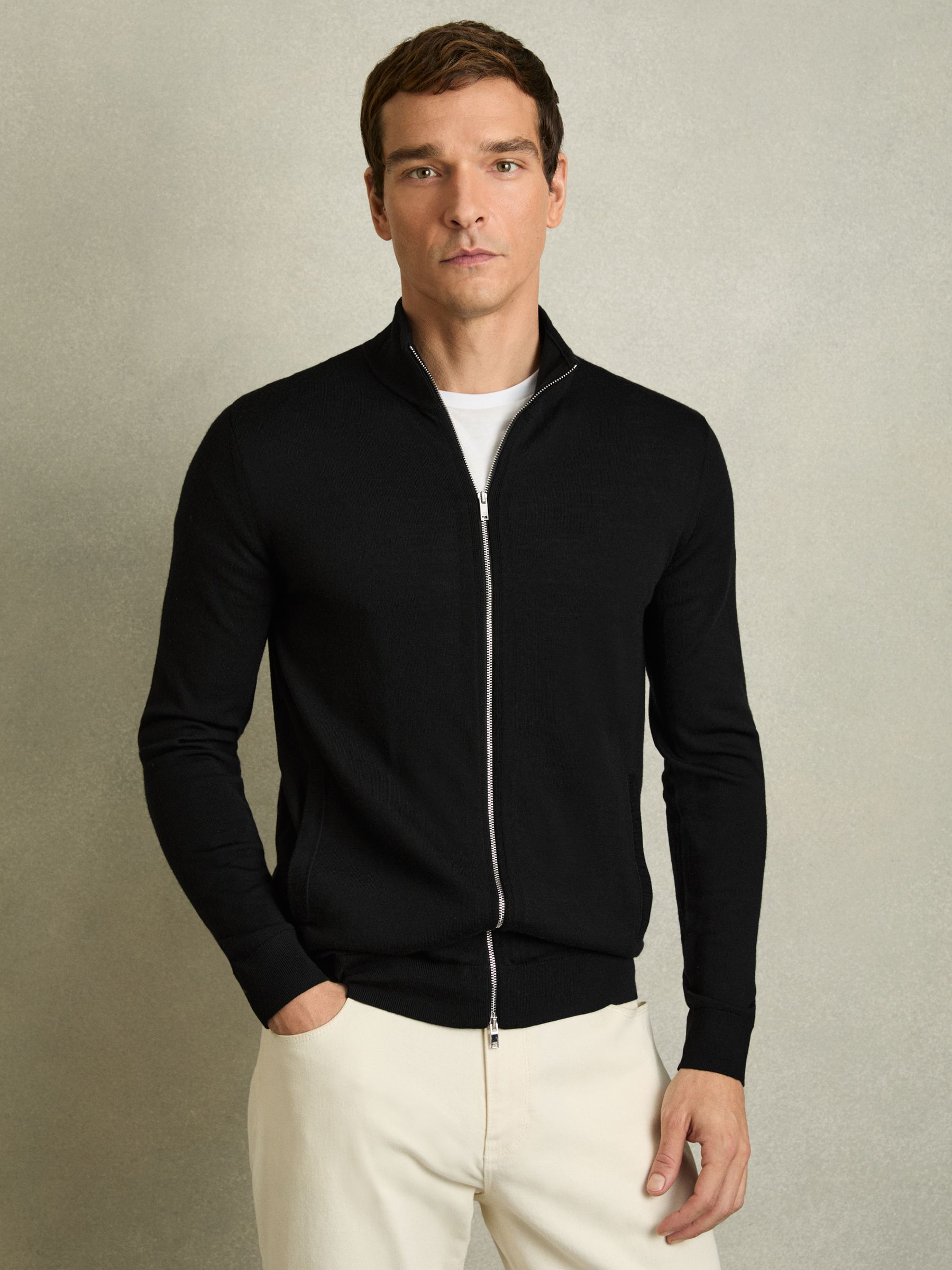 Merino Wool Zip-Through Cardigan in Black