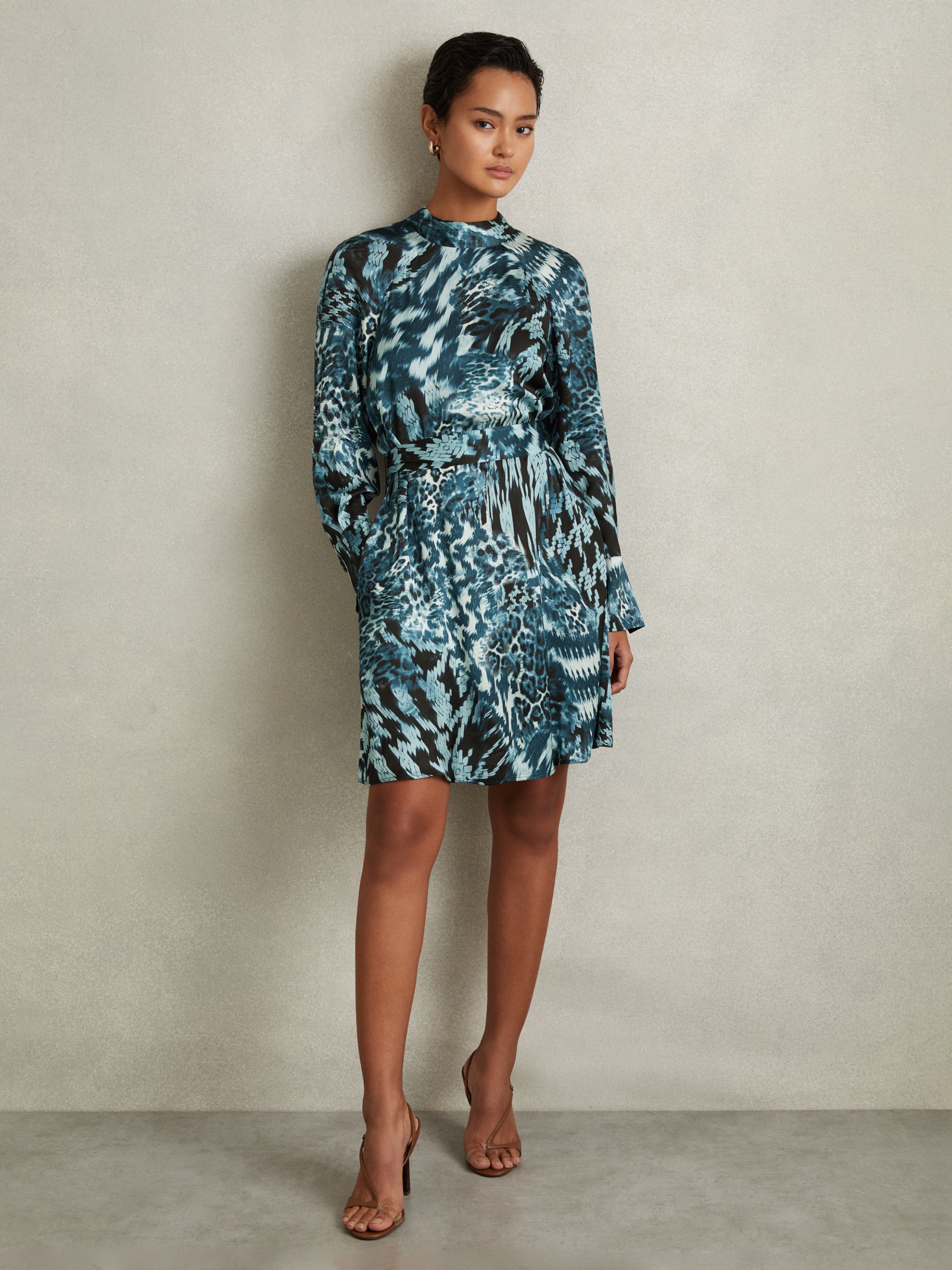 Ester Teal Printed Belted Tie Neck Mini Dress