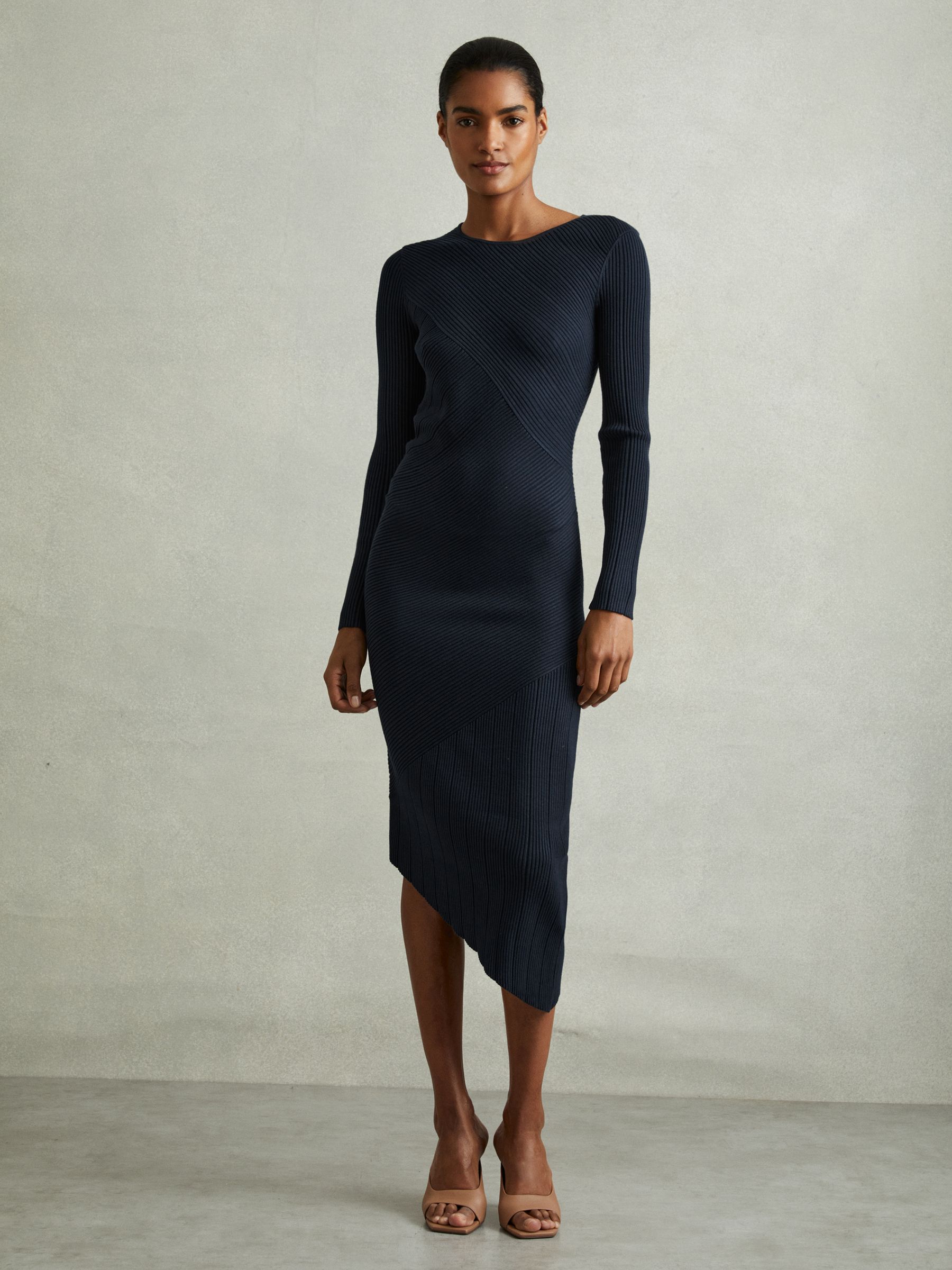 Knitted Colourblock Asymmetric Midi Dress in Teal