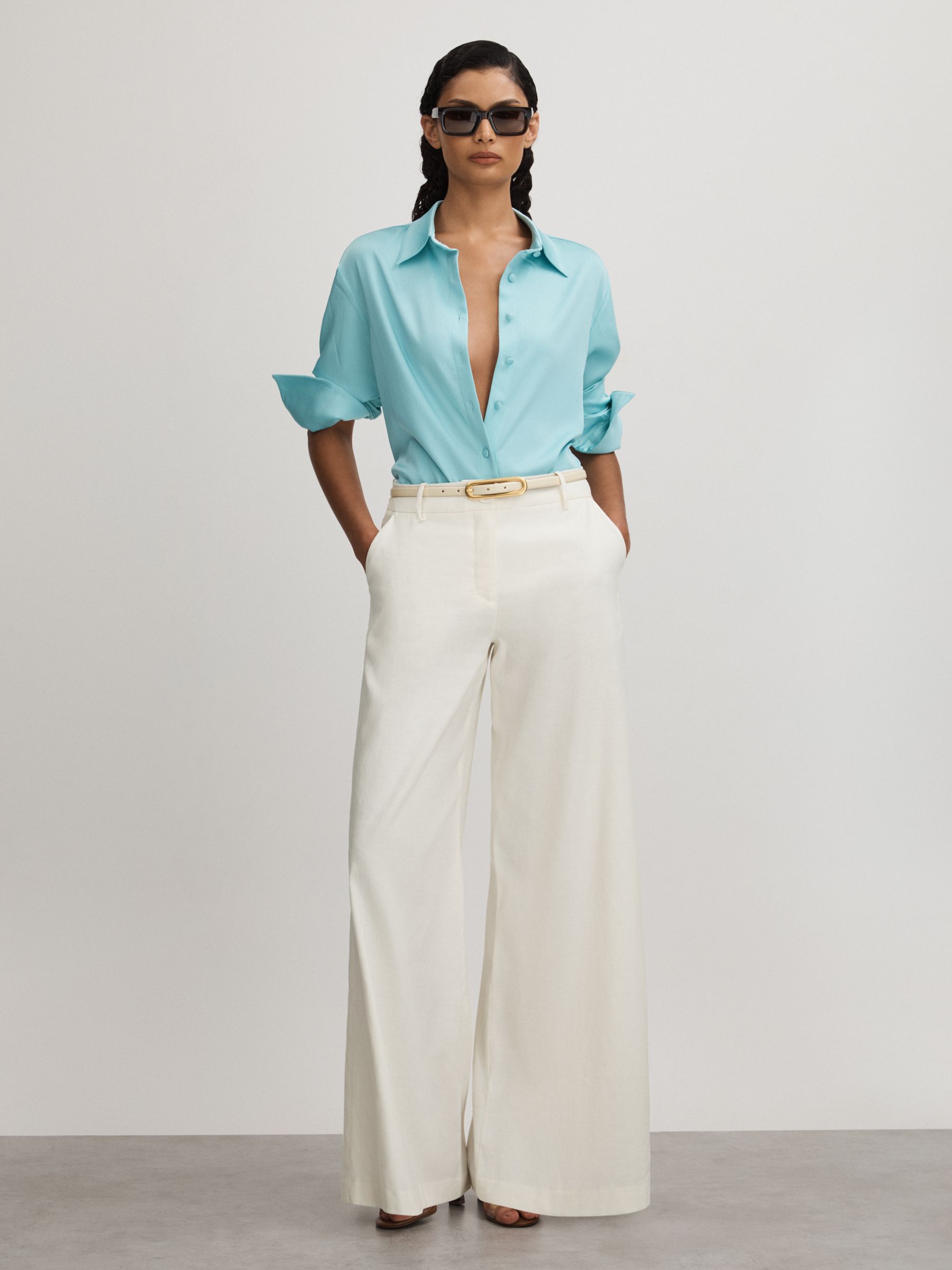 Anna Quan Wide Leg Linen Blend Trousers in Ivory