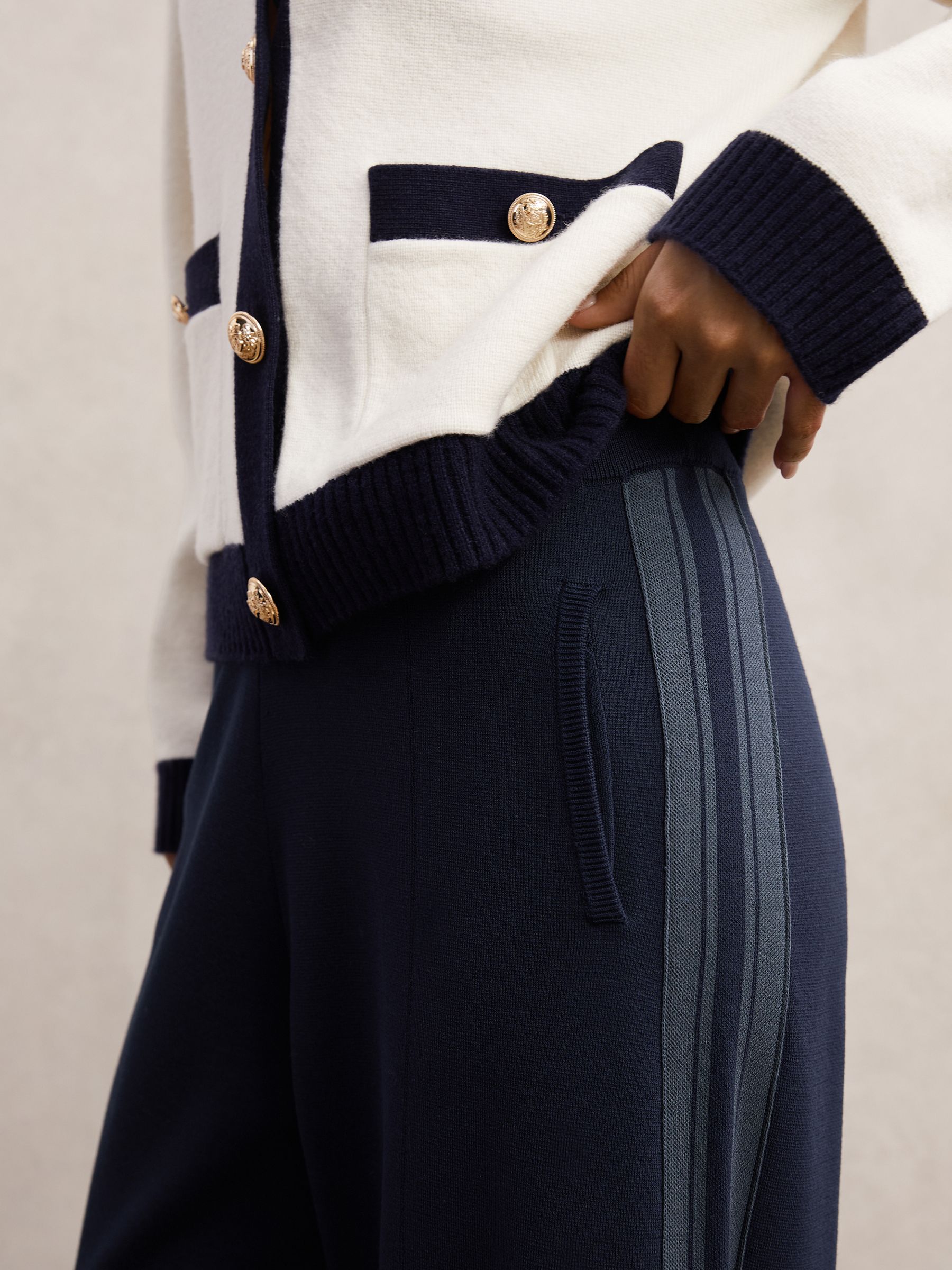 Knitted Side-Stripe Wide-Leg Trousers in Navy