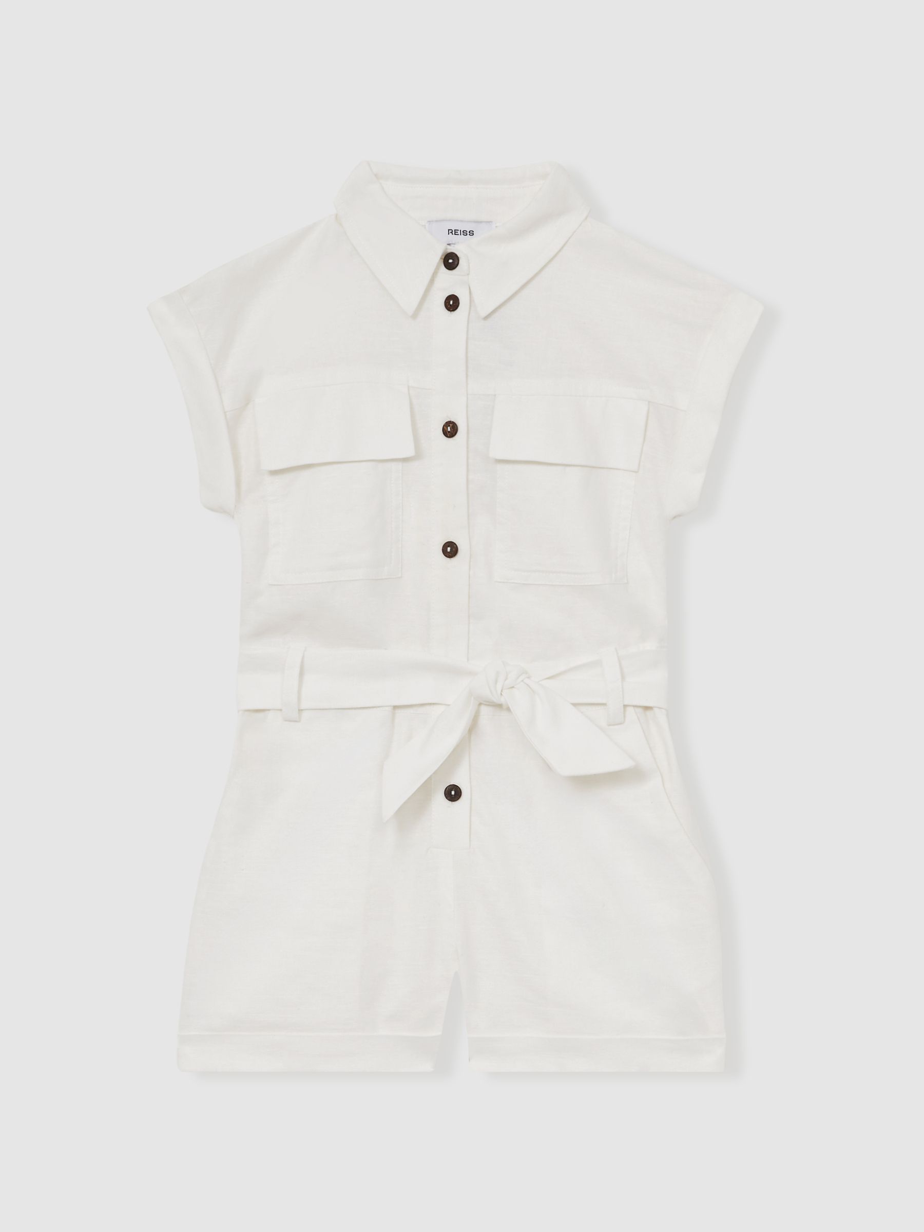 13-14 yrs Cotton-Linen Belted Playsuit in Ivory