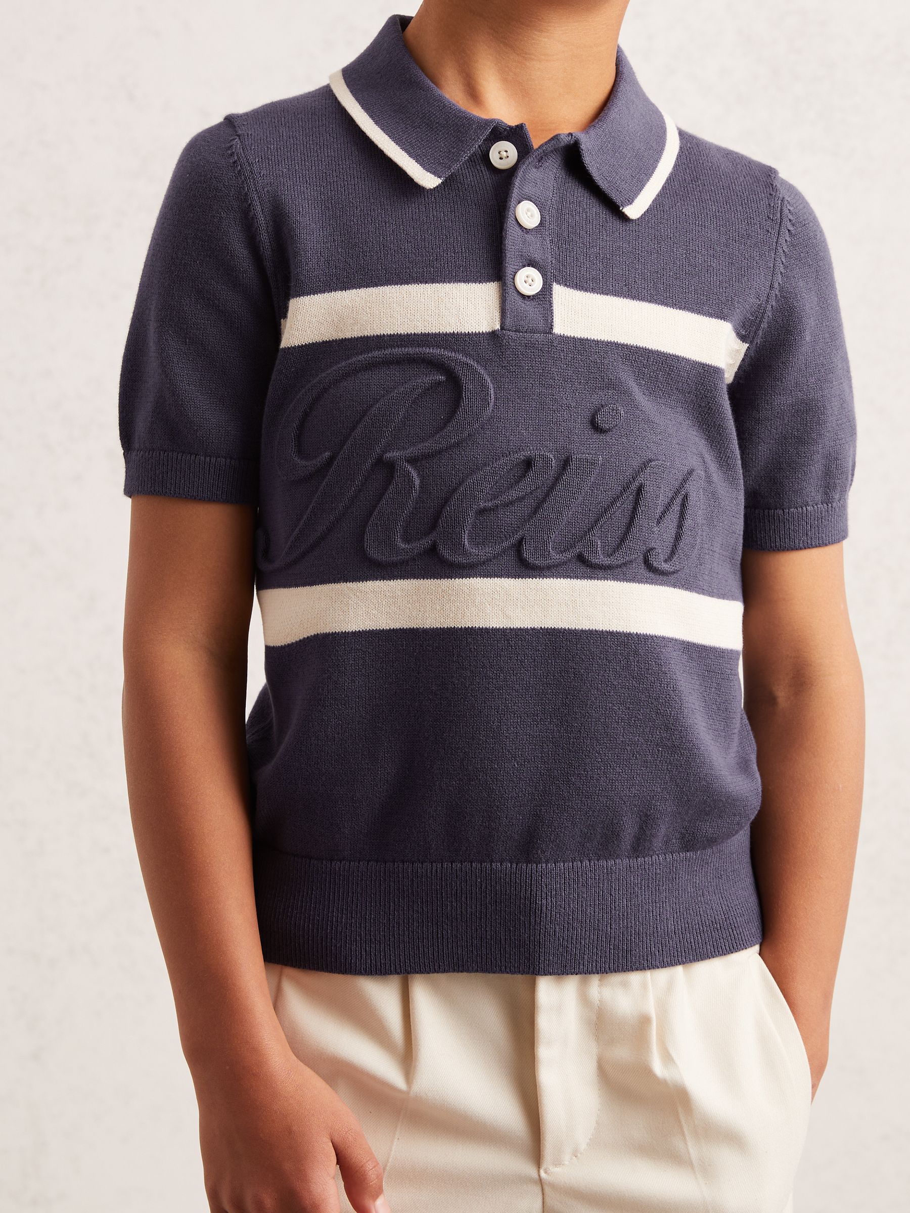 9-13 yrs Cotton Logo-Embossed Knit Polo Shirt in Indigo Blue/White