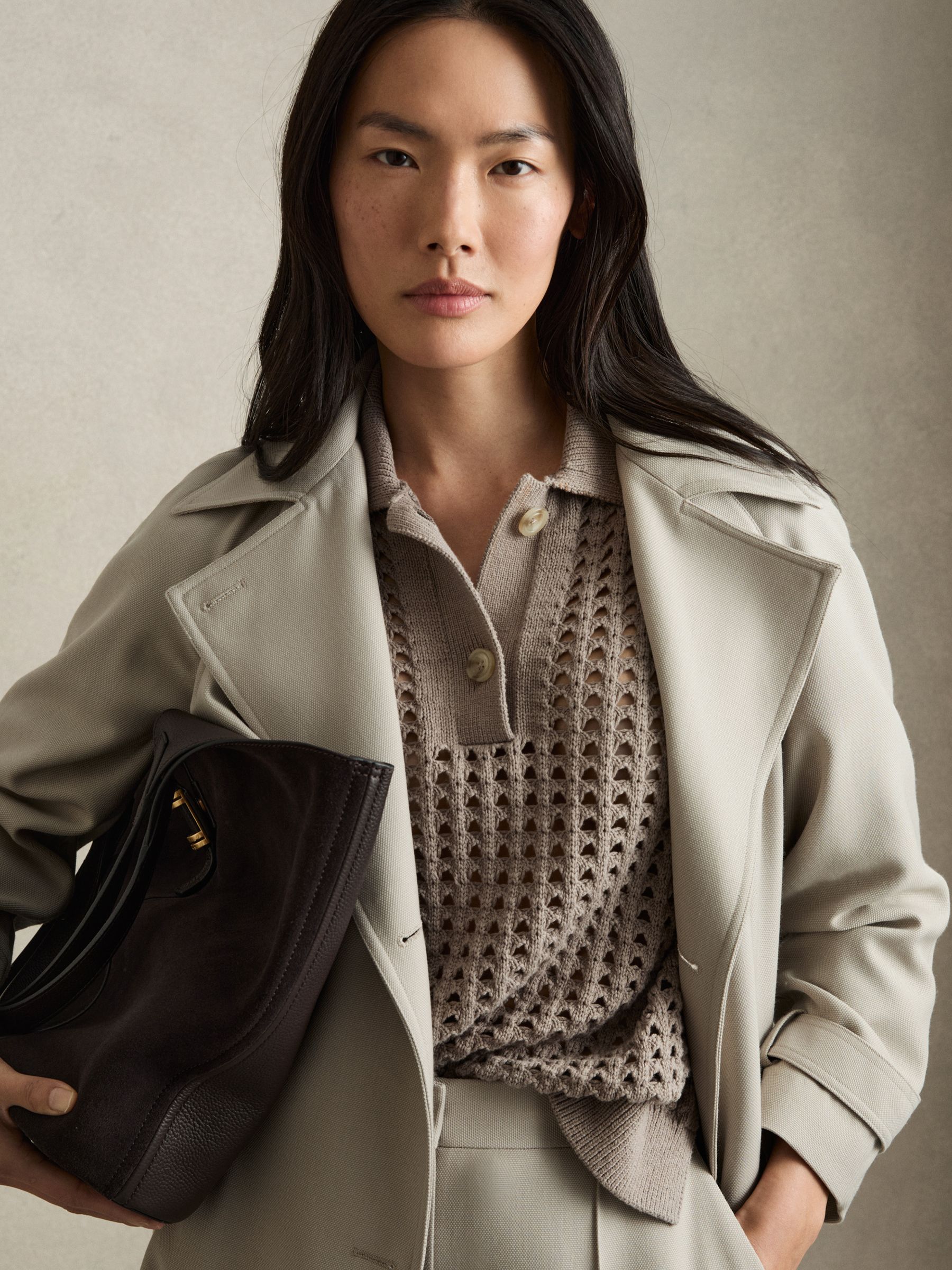 Cotton Crochet Collared Jumper in Stone