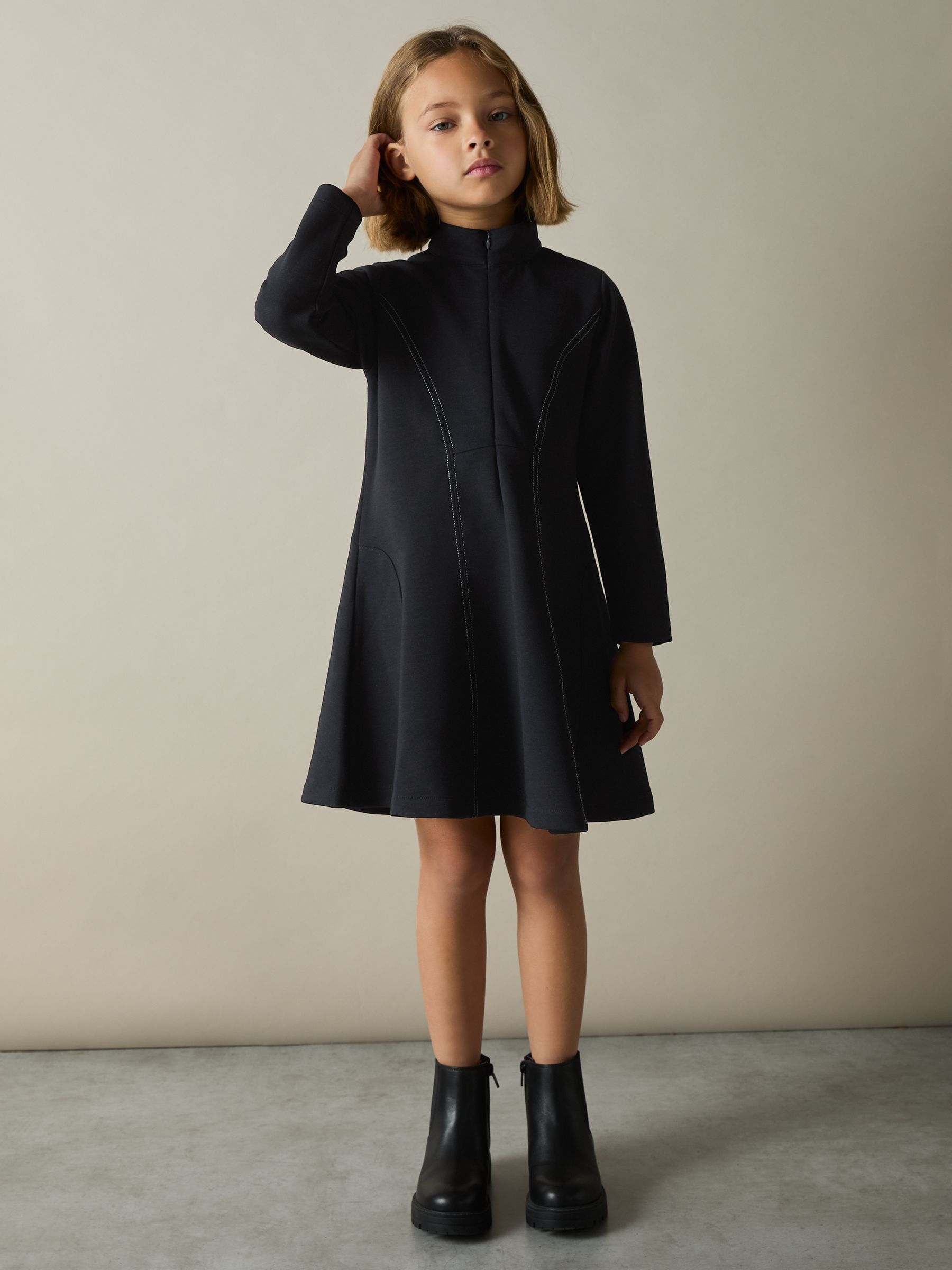 13-14 yrs Jersey Contrast-Stitch Flared Dress in Navy
