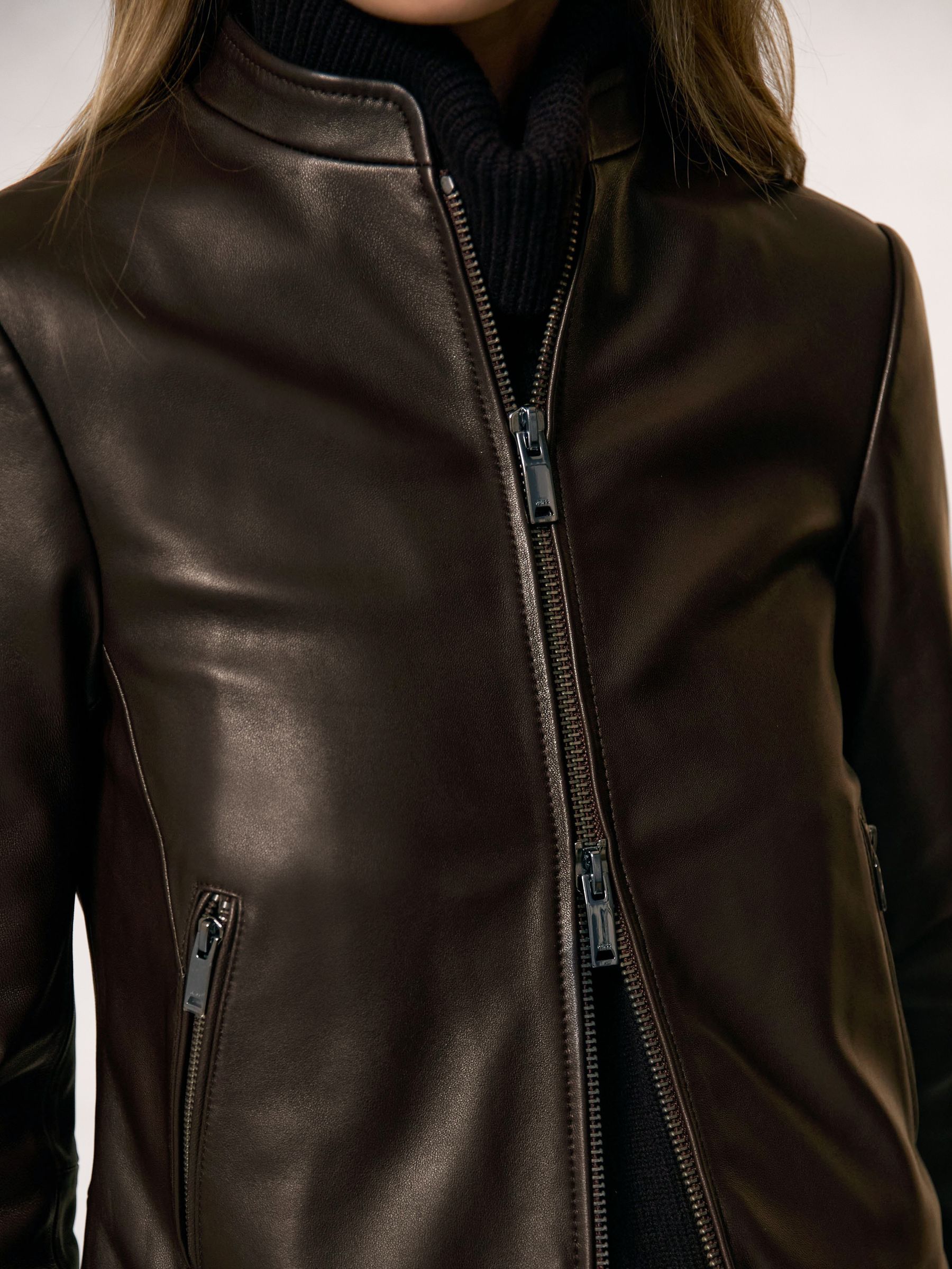Leather Collarless Biker Jacket in Chocolate Brown