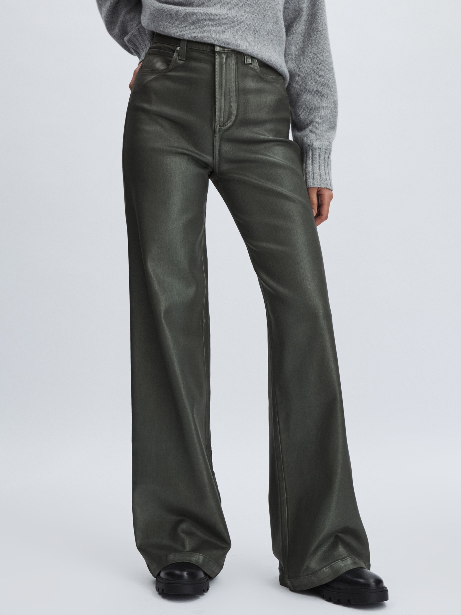 Paige Leather-Look Wide-Leg Jeans in Dark Green