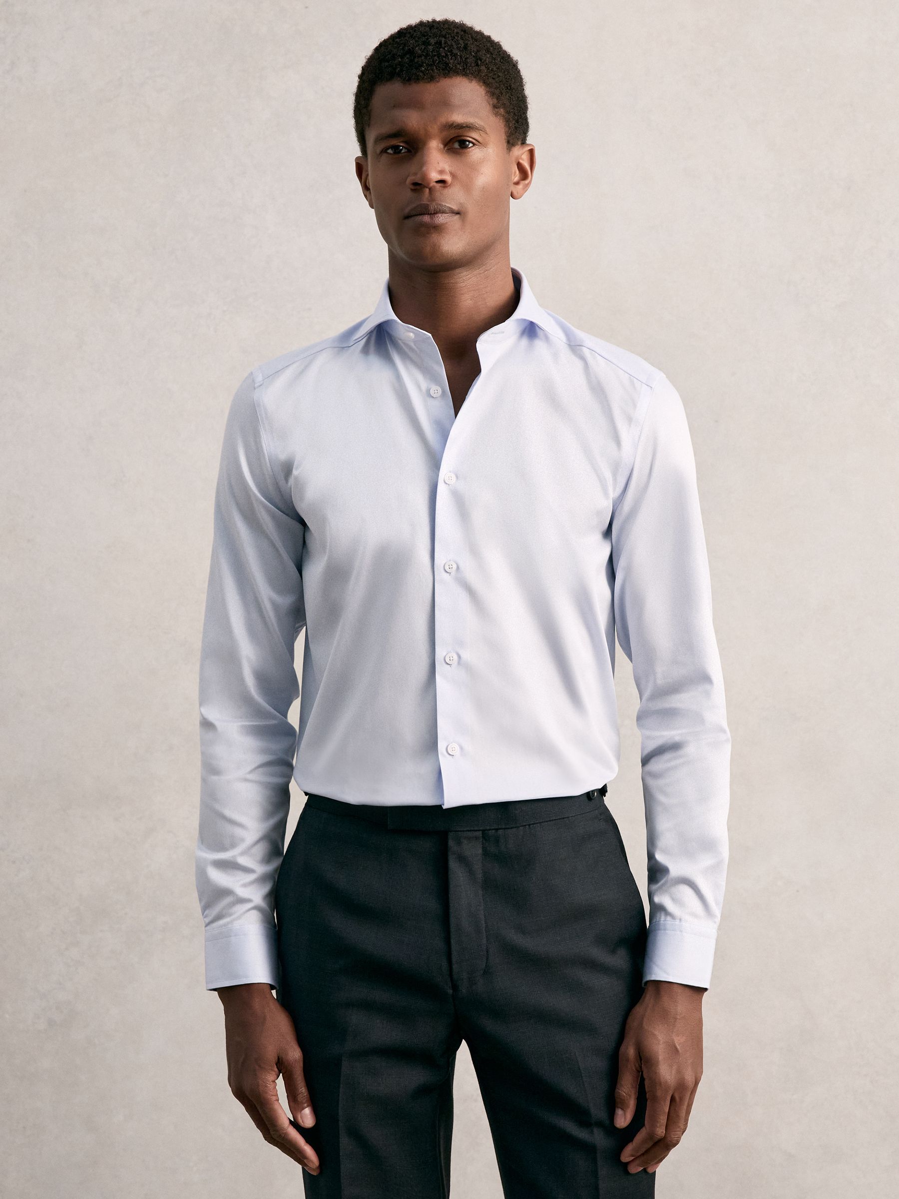 Regular Fit Cotton Sateen Shirt in Mid Blue