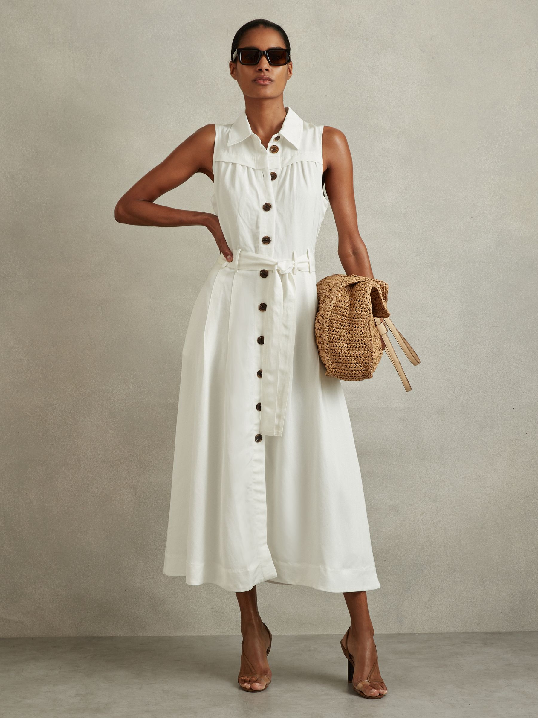 Viscose-Linen Belted Midi Dress in White
