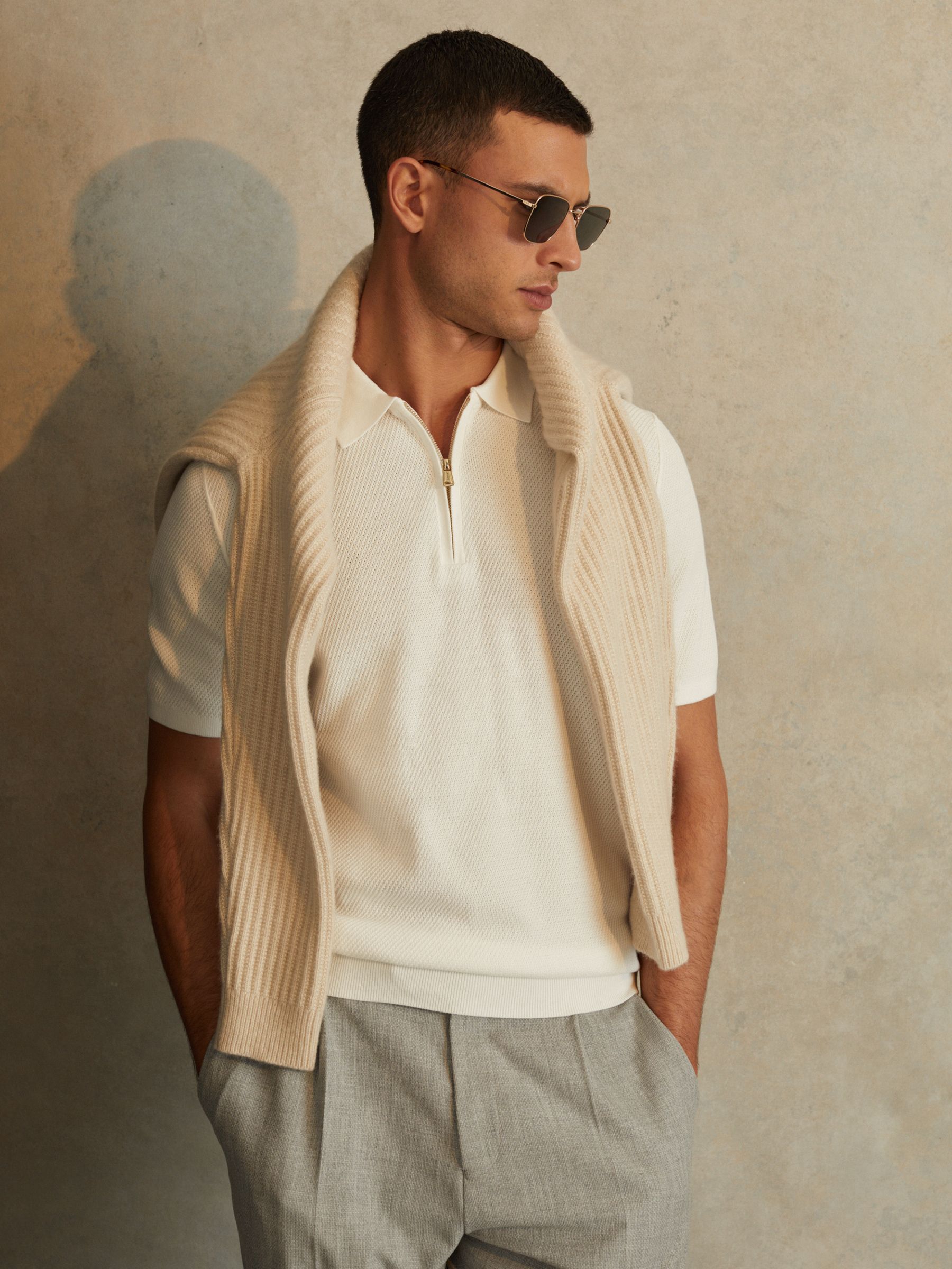 Textured Half-Zip Polo Shirt in White