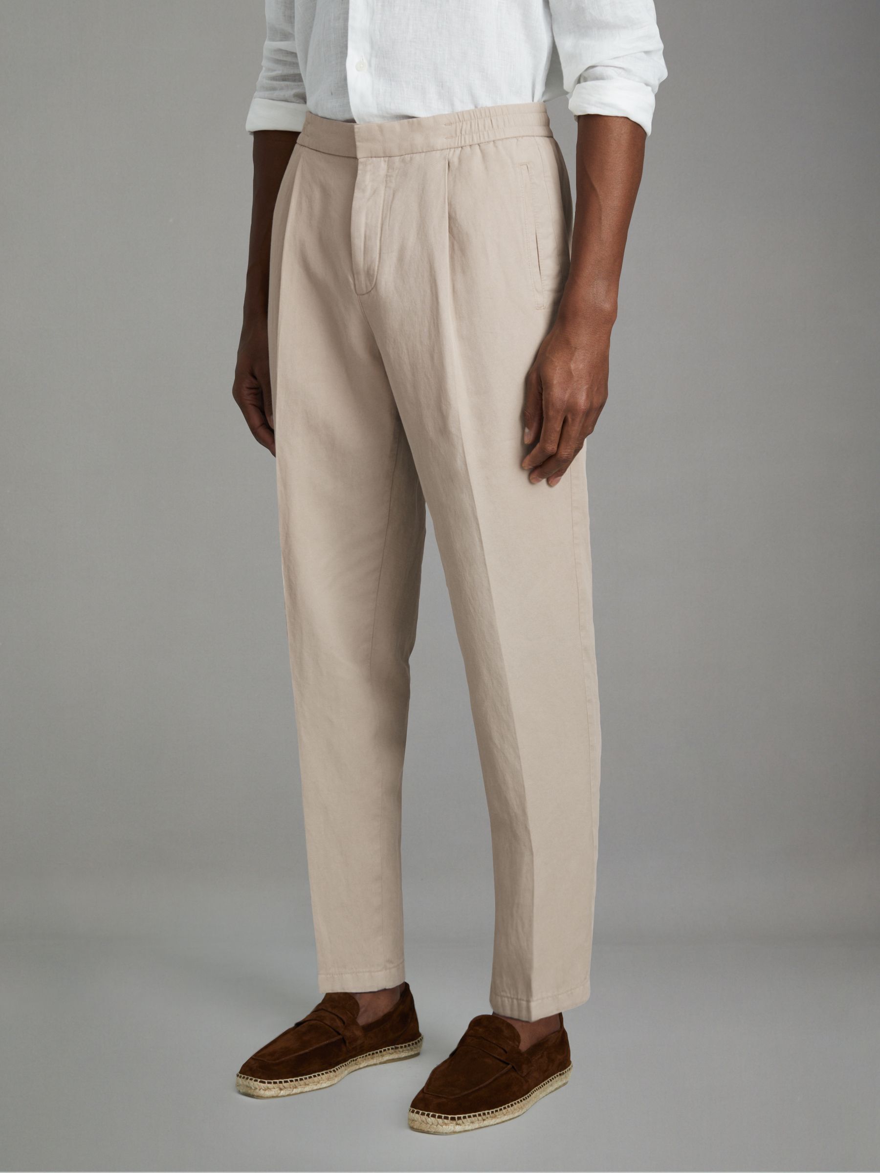 Relaxed Cotton/Linen Blend Elasticated Waist Trousers in Stone