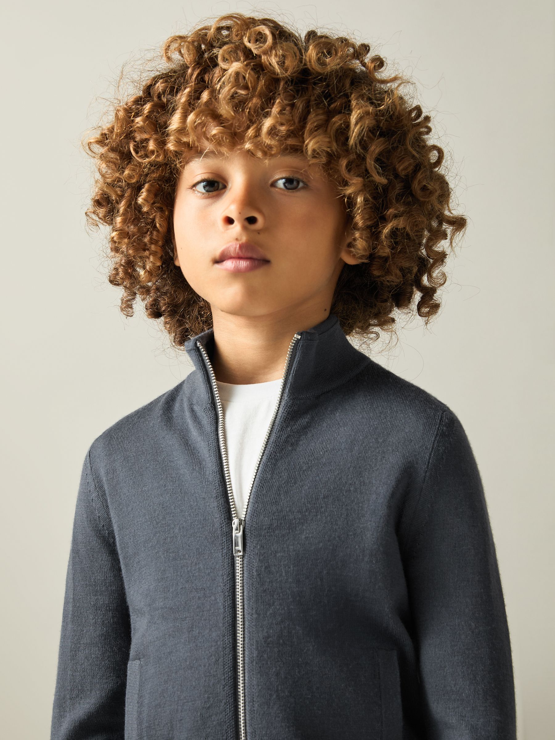 13-14 yrs Merino Wool-Blend Zip-Through Cardigan in Blackened Blue