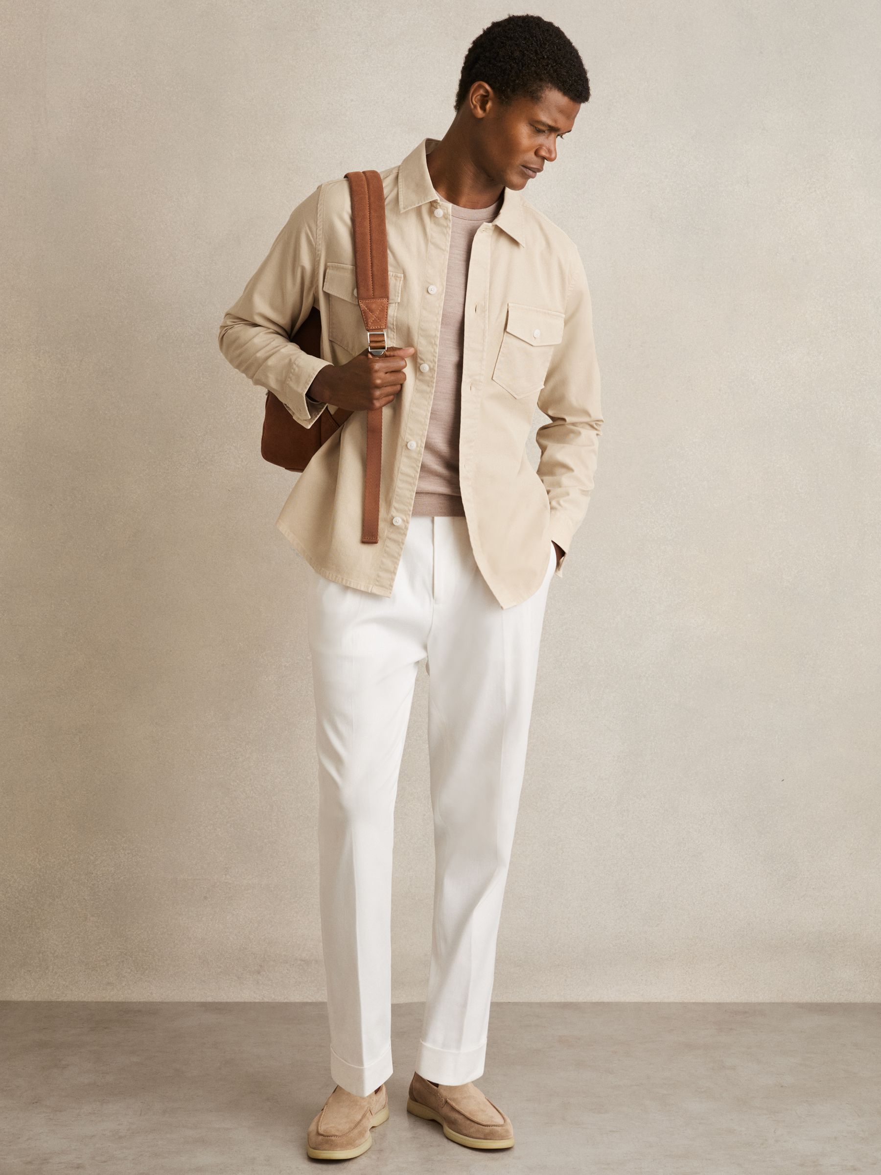 Cotton Twill Twin Pocket Overshirt With Stretch in Stone