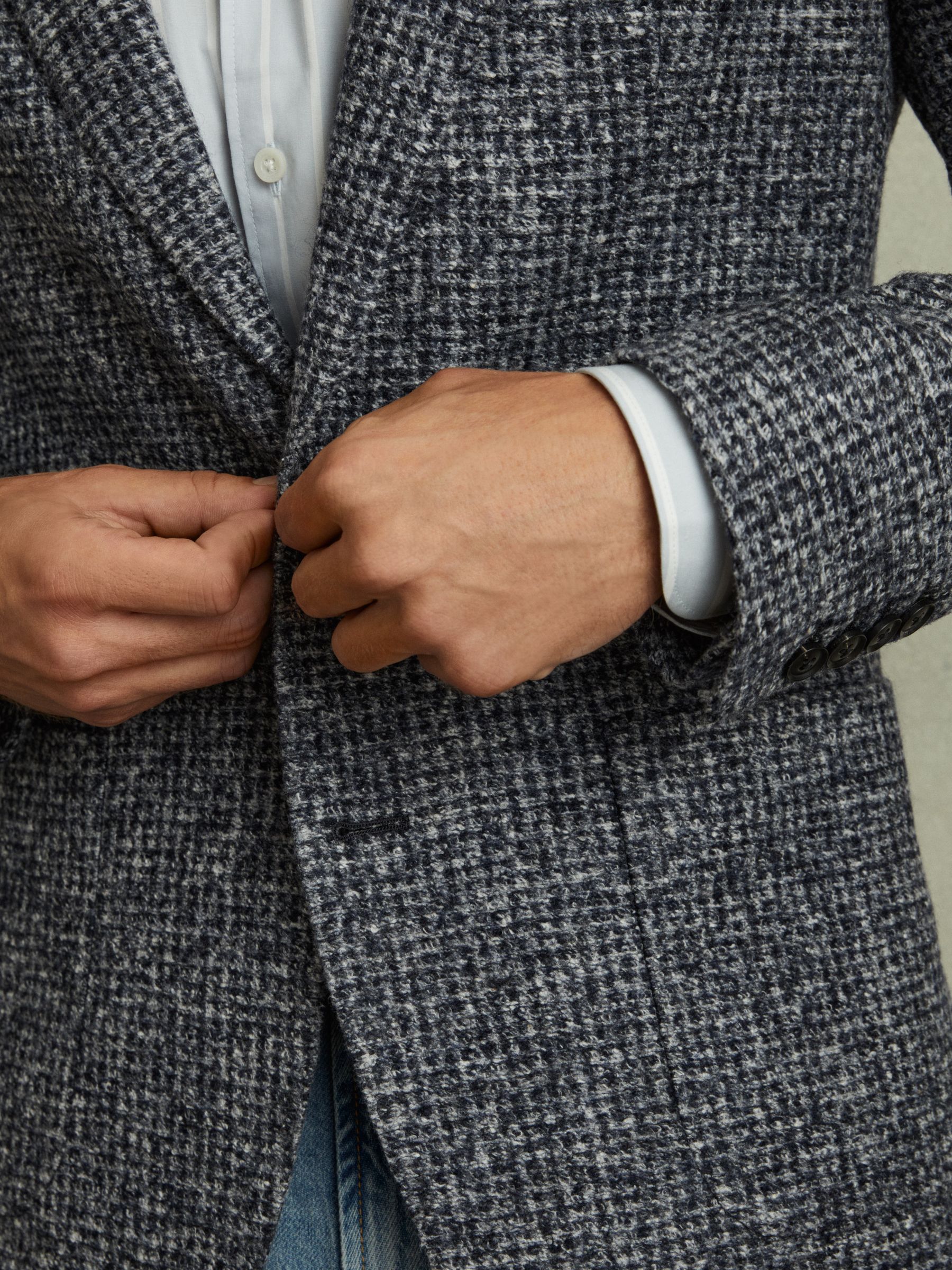 Tweed Single-Breasted Blazer with Wool in Navy/Grey