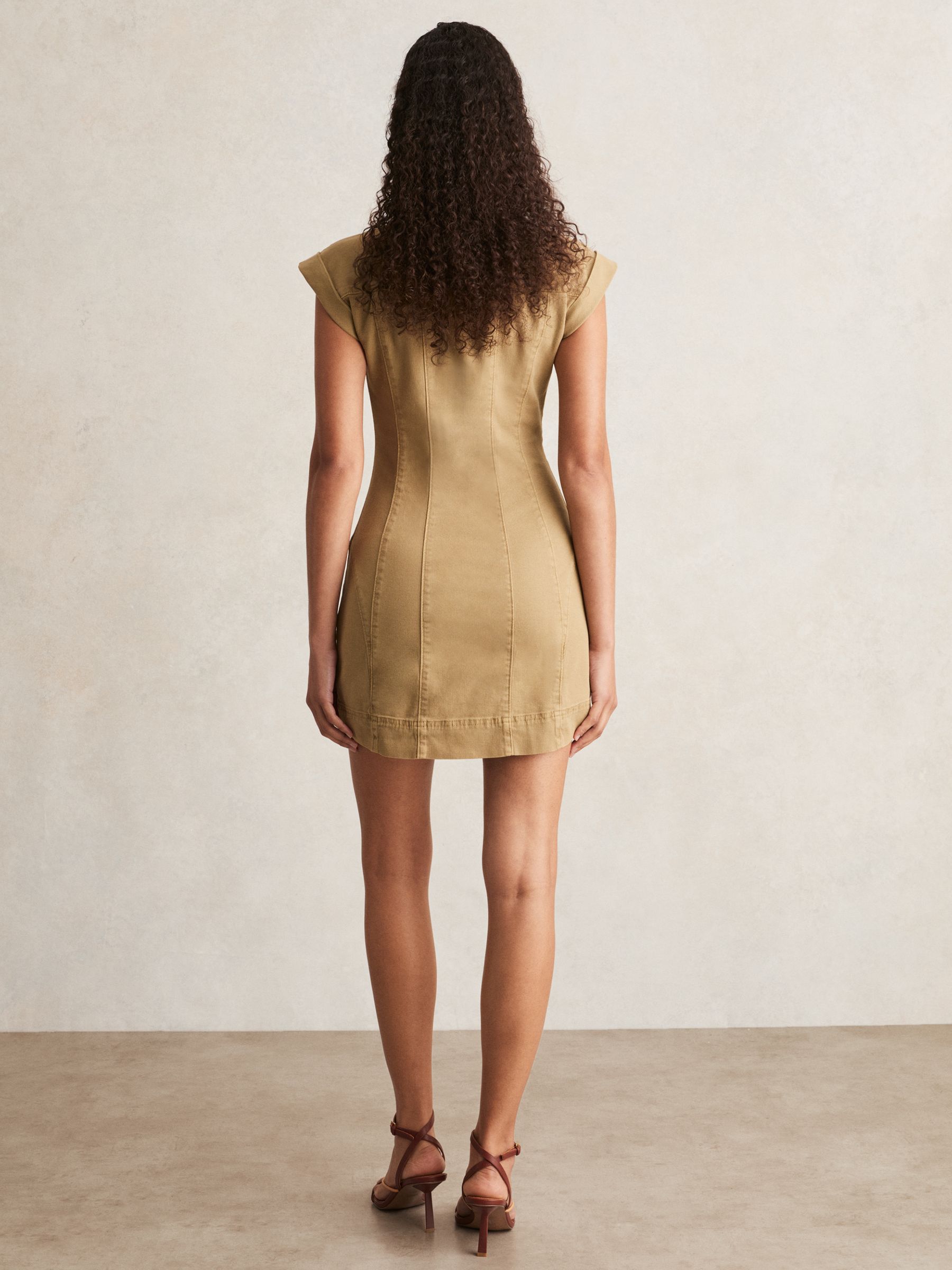 Paige Fern Beige Denim Button Through Mini Dress in Fern Beige