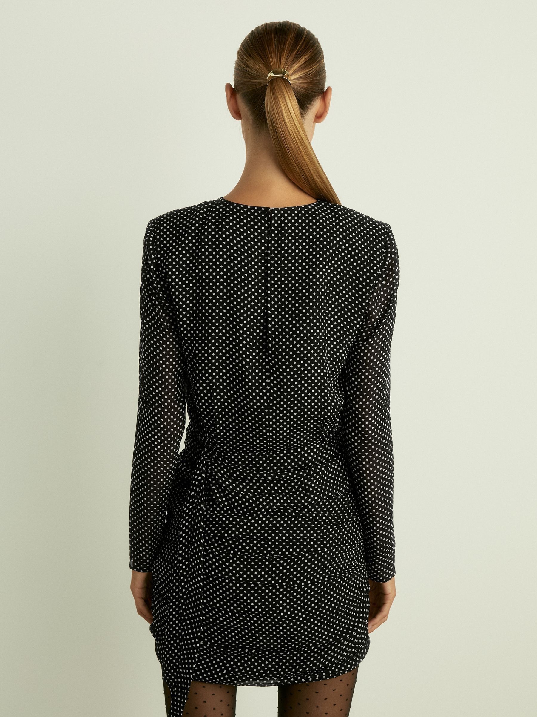 Gathered Polka-Dot Georgette Mini Dress in Black