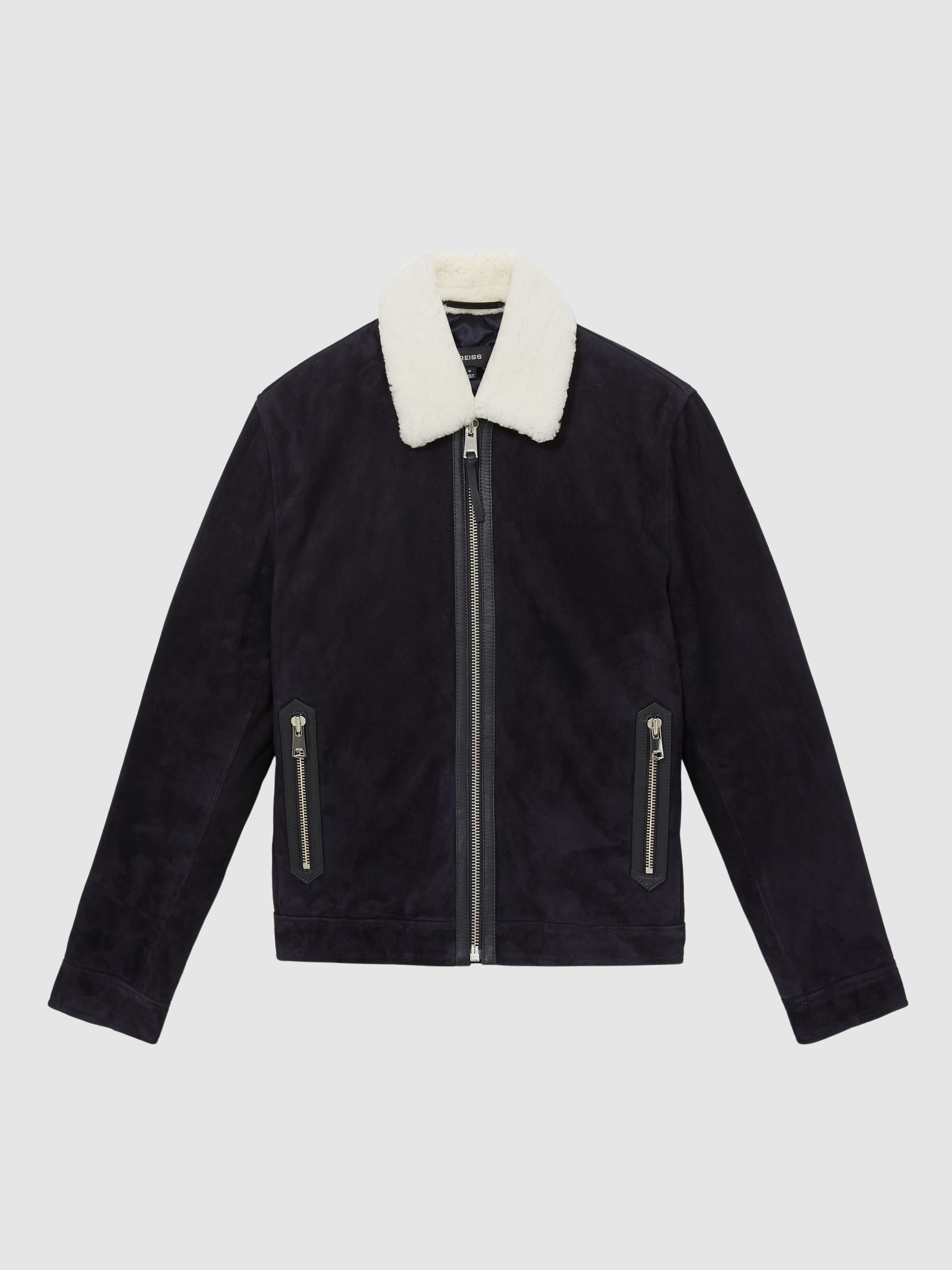 Suede Shearling-Collar Jacket in Navy