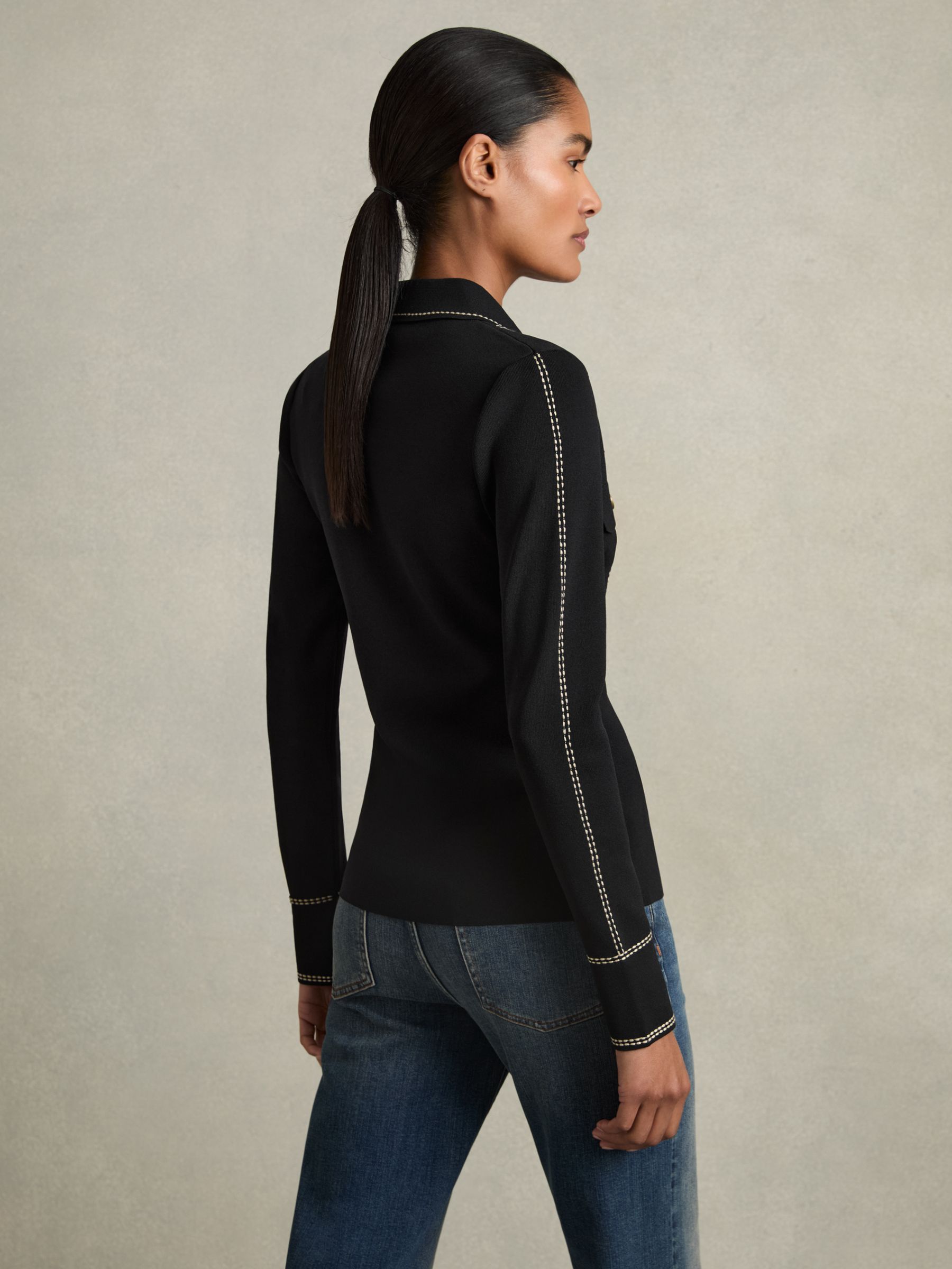 Compact-Knit Topstitched Press-Stud Top in Black