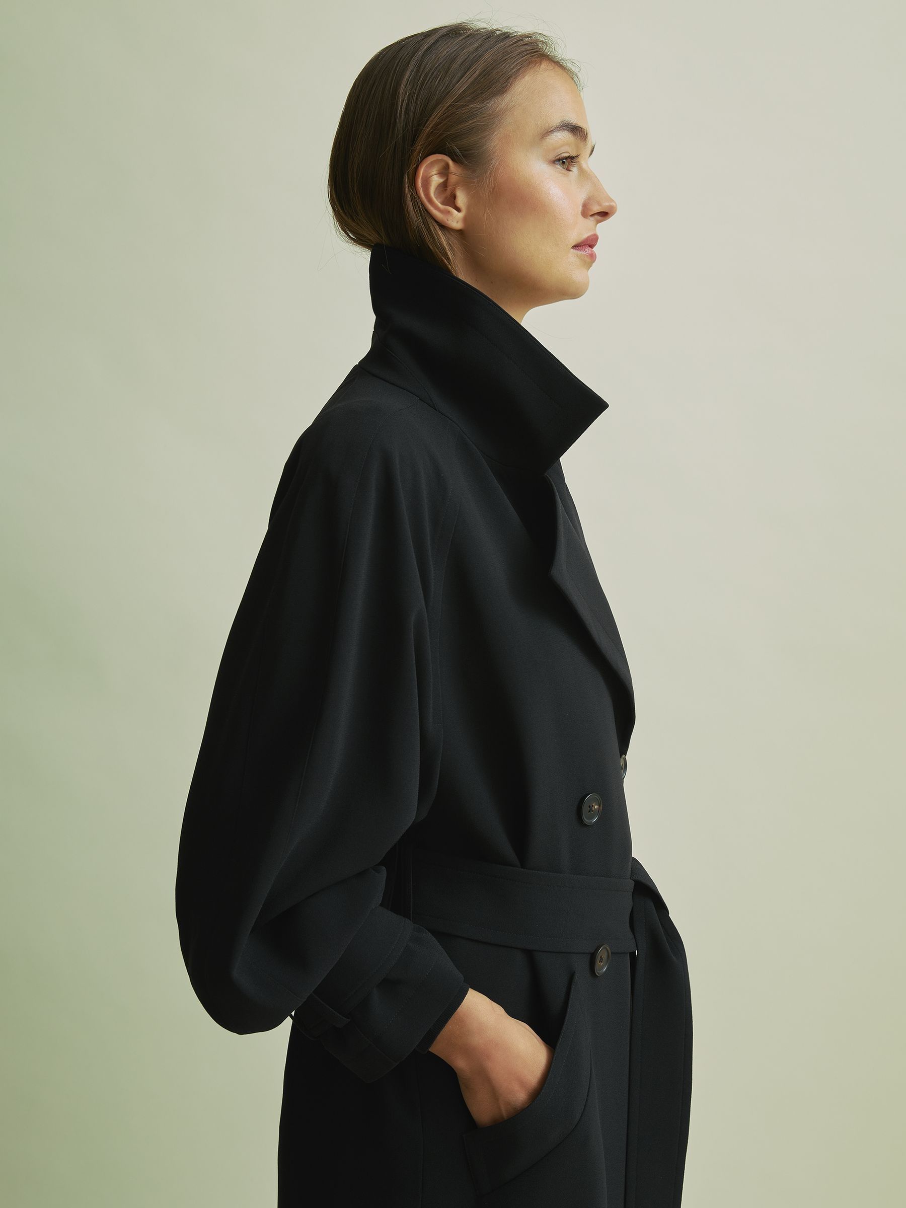 Florere Double Breasted Belted Trench Coat in Black