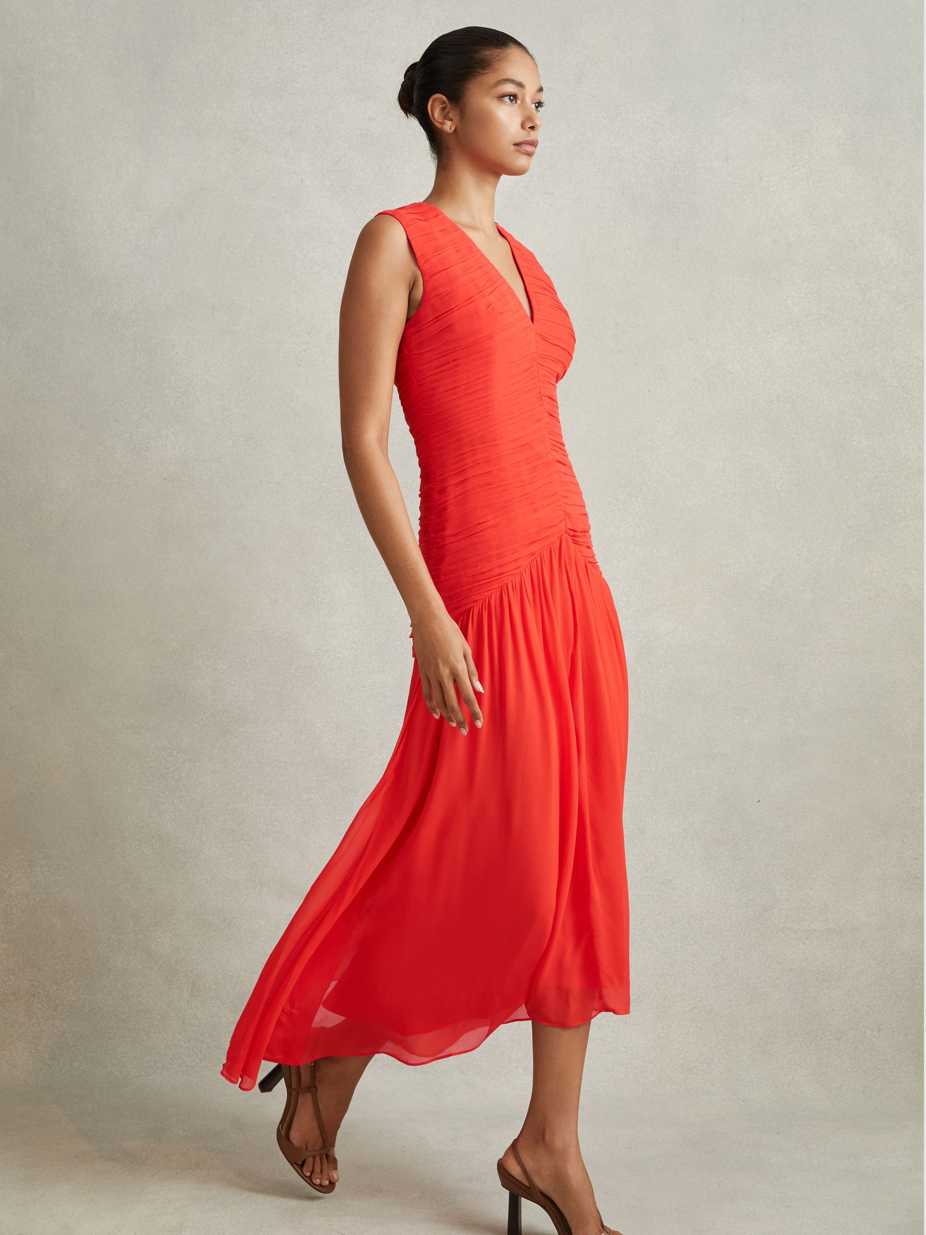 Ruched Bodycon Midi Dress in Coral