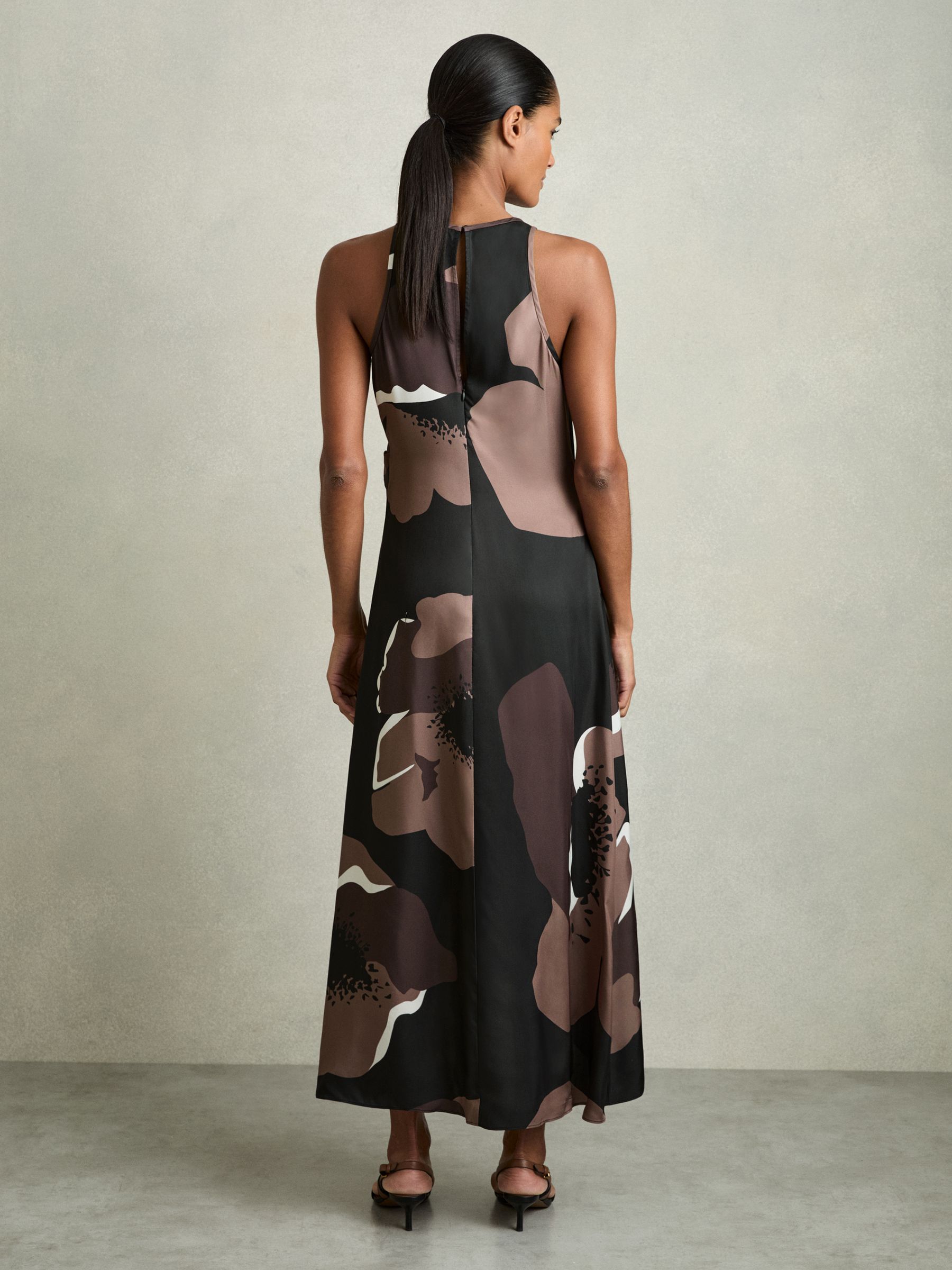 Petite Satin Floral Tuck Midi Dress in Brown