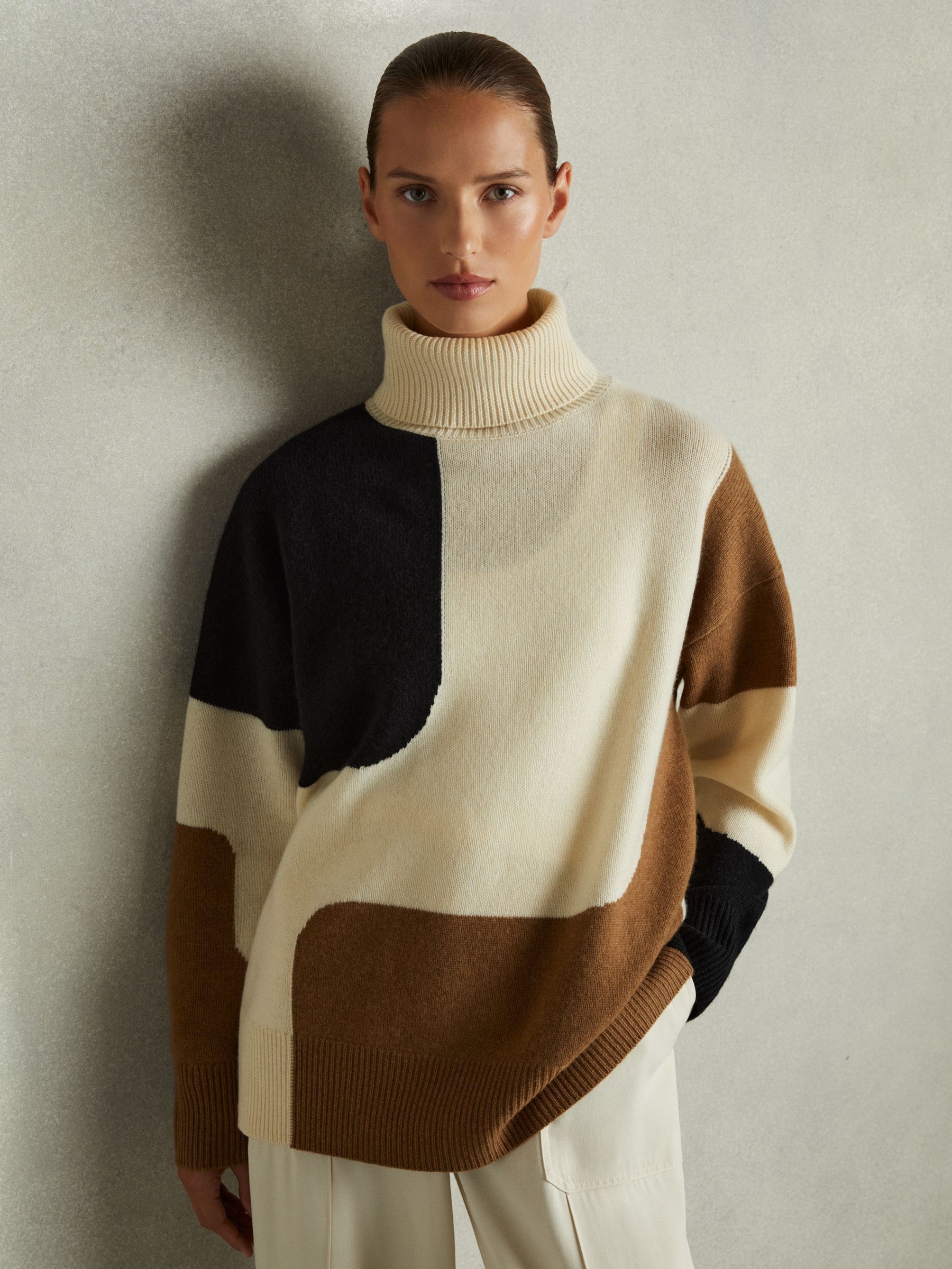 Wool-Cashmere Colourblock-Intarsia Jumper in Cream/Brown