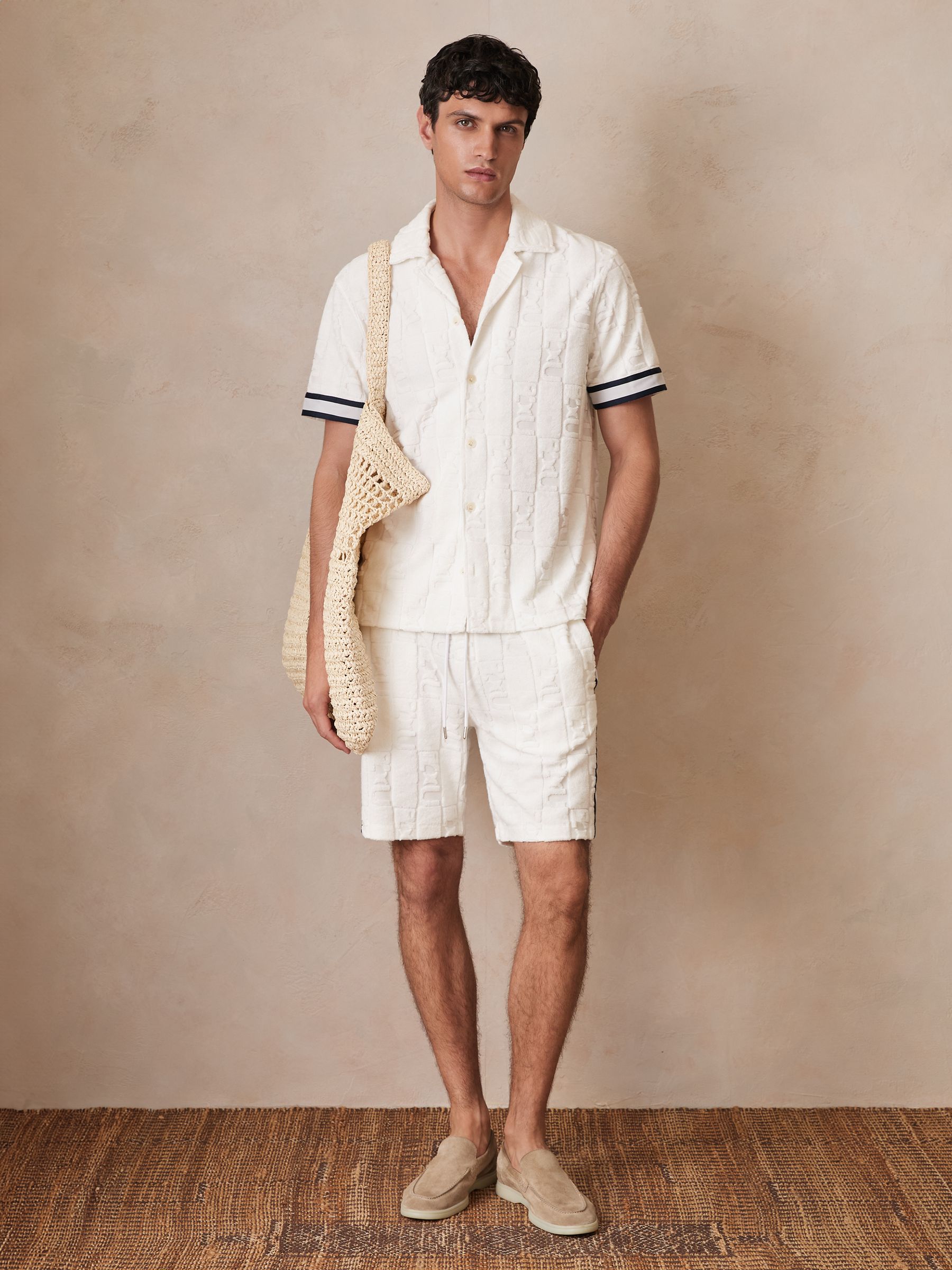 Reiss | Ché Towelling Monogram Shorts in White