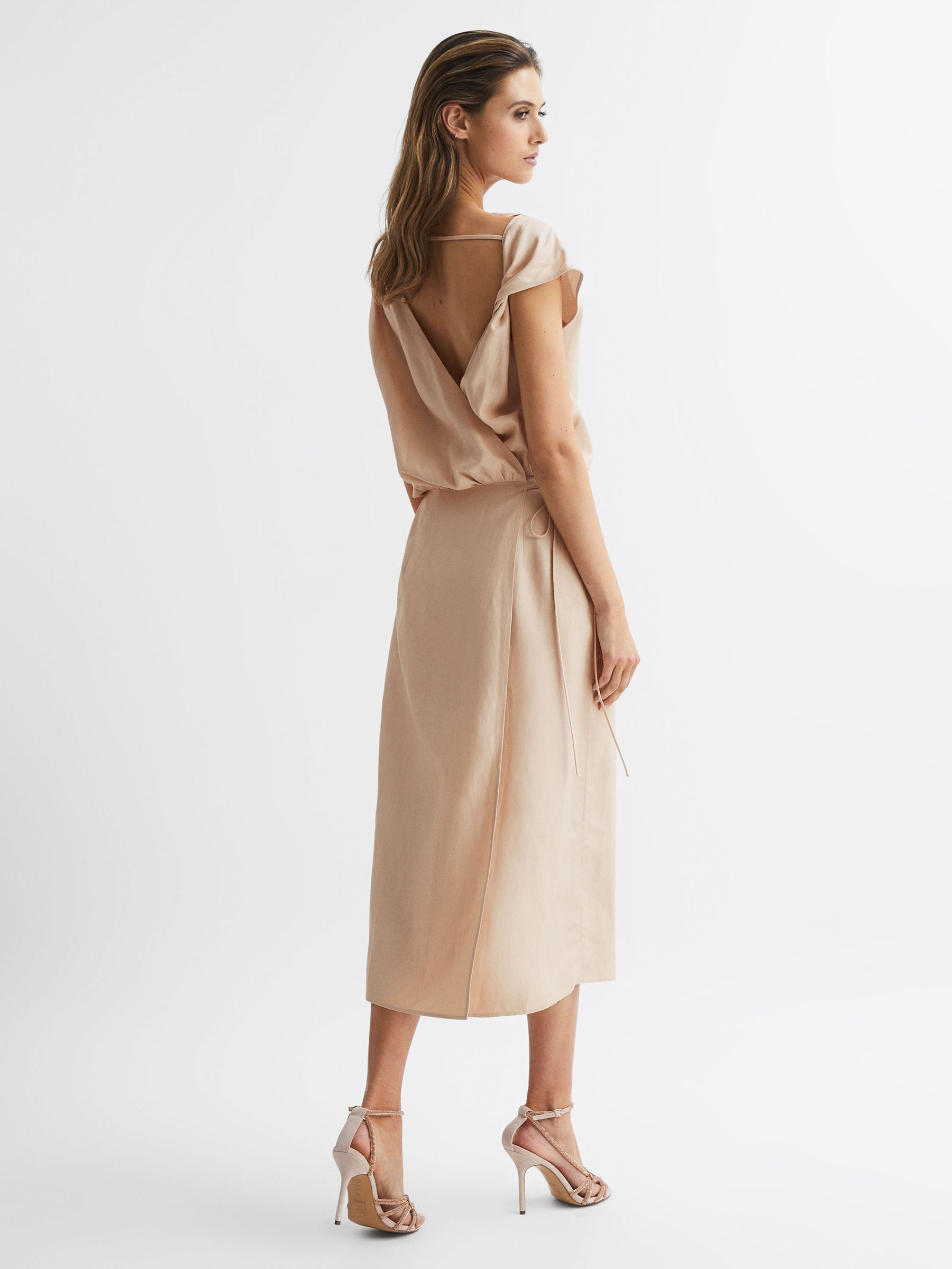Premium Linen Blend Open-Back Midi Dress in Nude