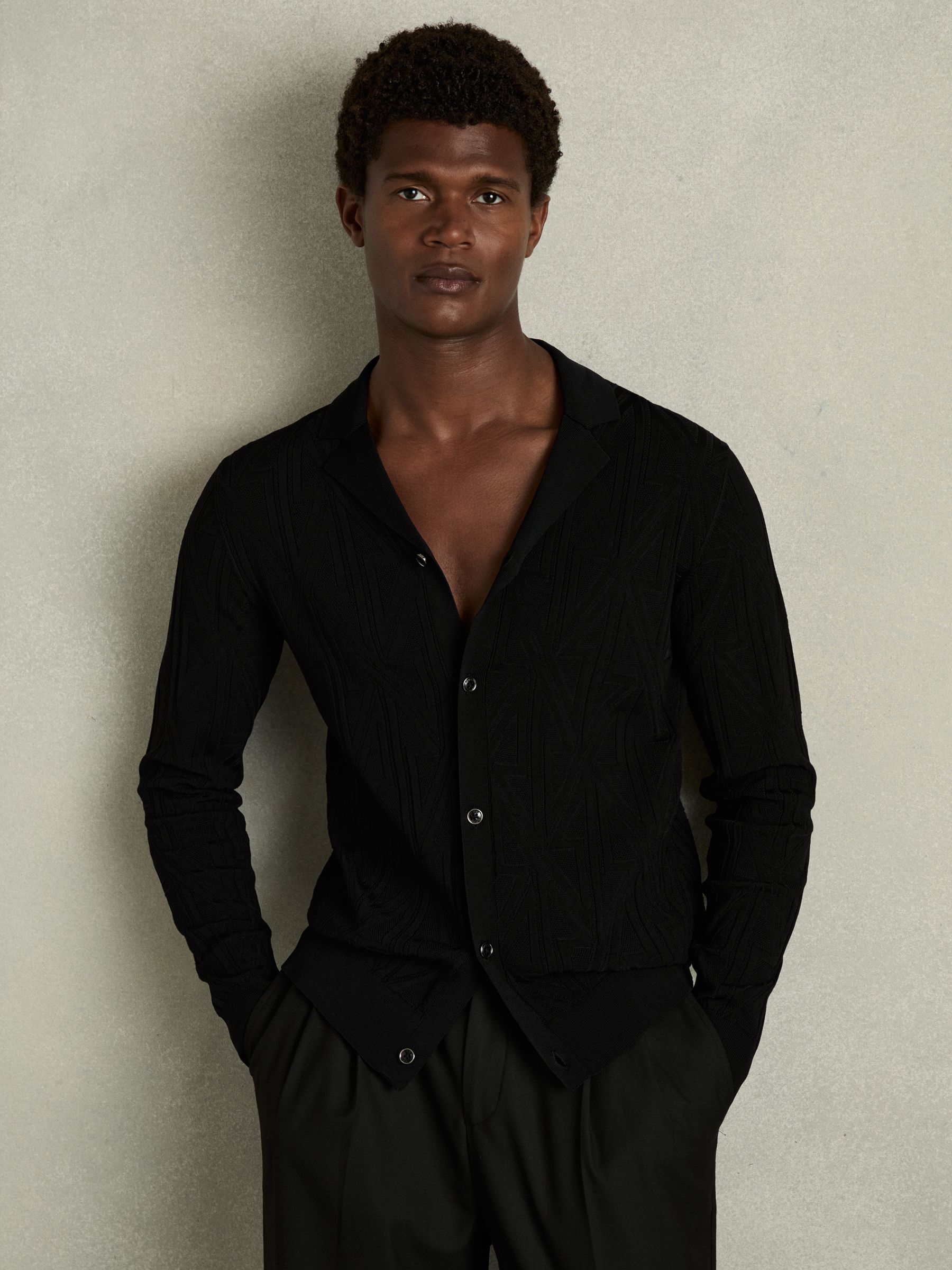 Jacquard Cuban-Collar Button-Through Shirt in Black