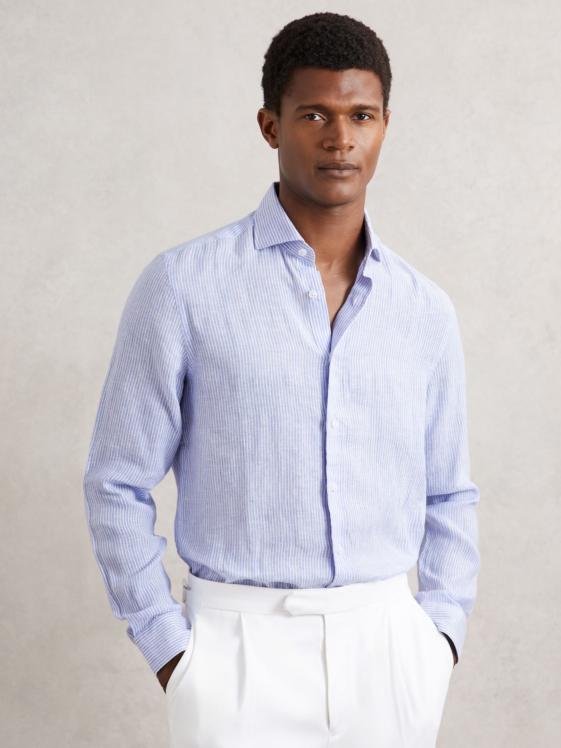 Linen Striped Long Sleeve Shirt in Soft Blue/White Fine Stripe