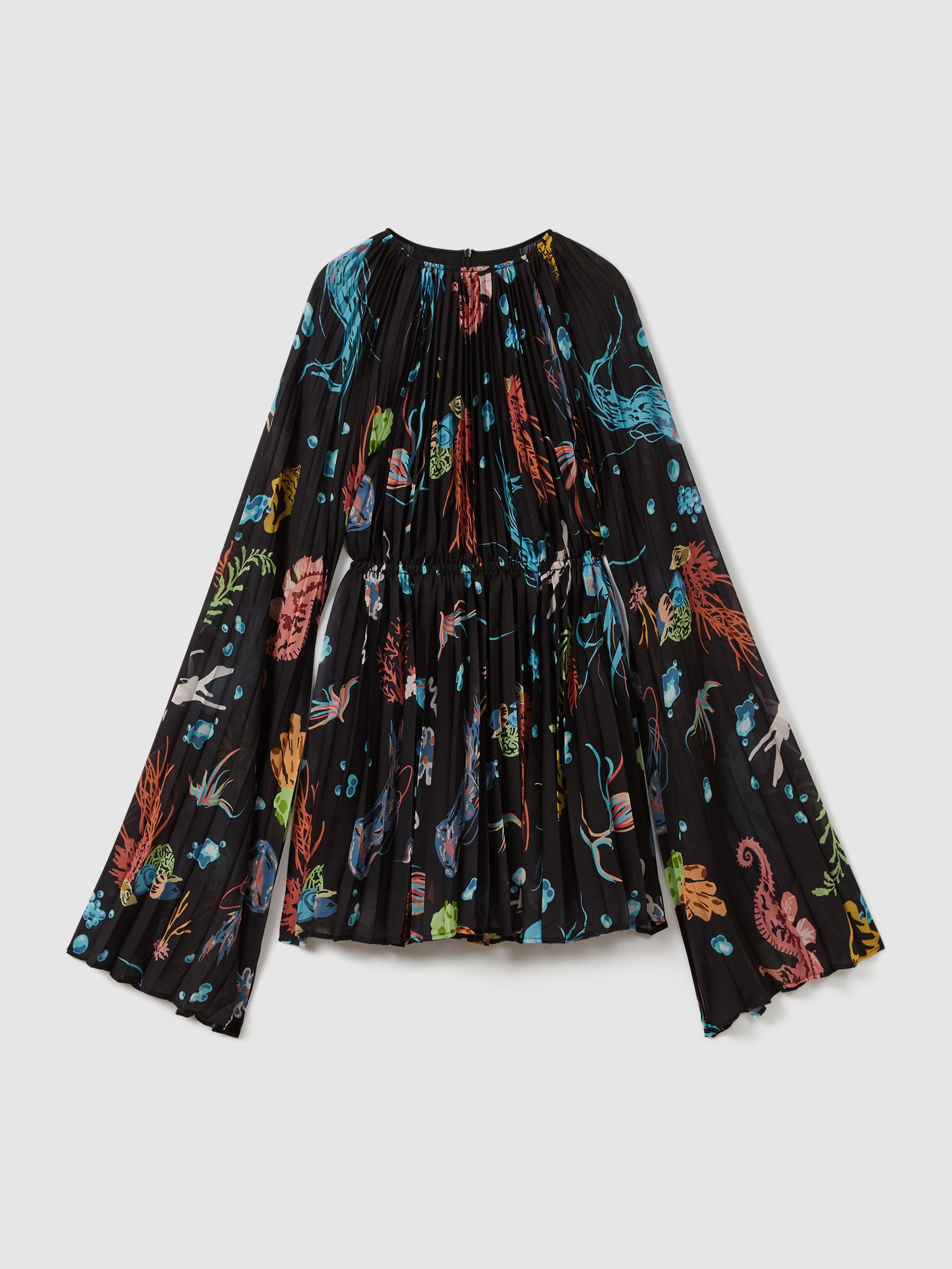 Leo Lin Pleated Bell Sleeve Mini Dress in Twilight Print Black