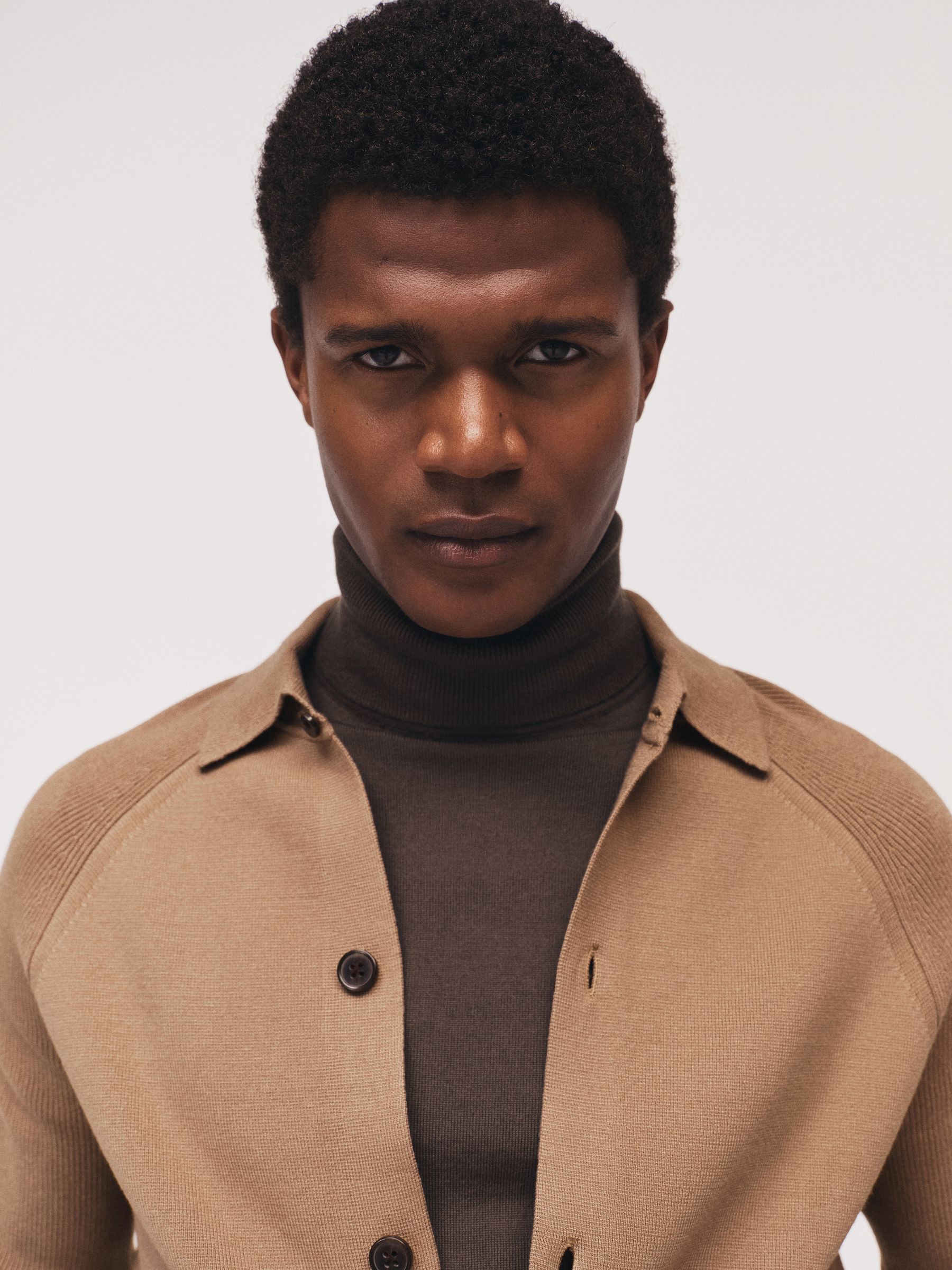 Button-Through Ribbed-Sleeve Shirt in Camel Brown