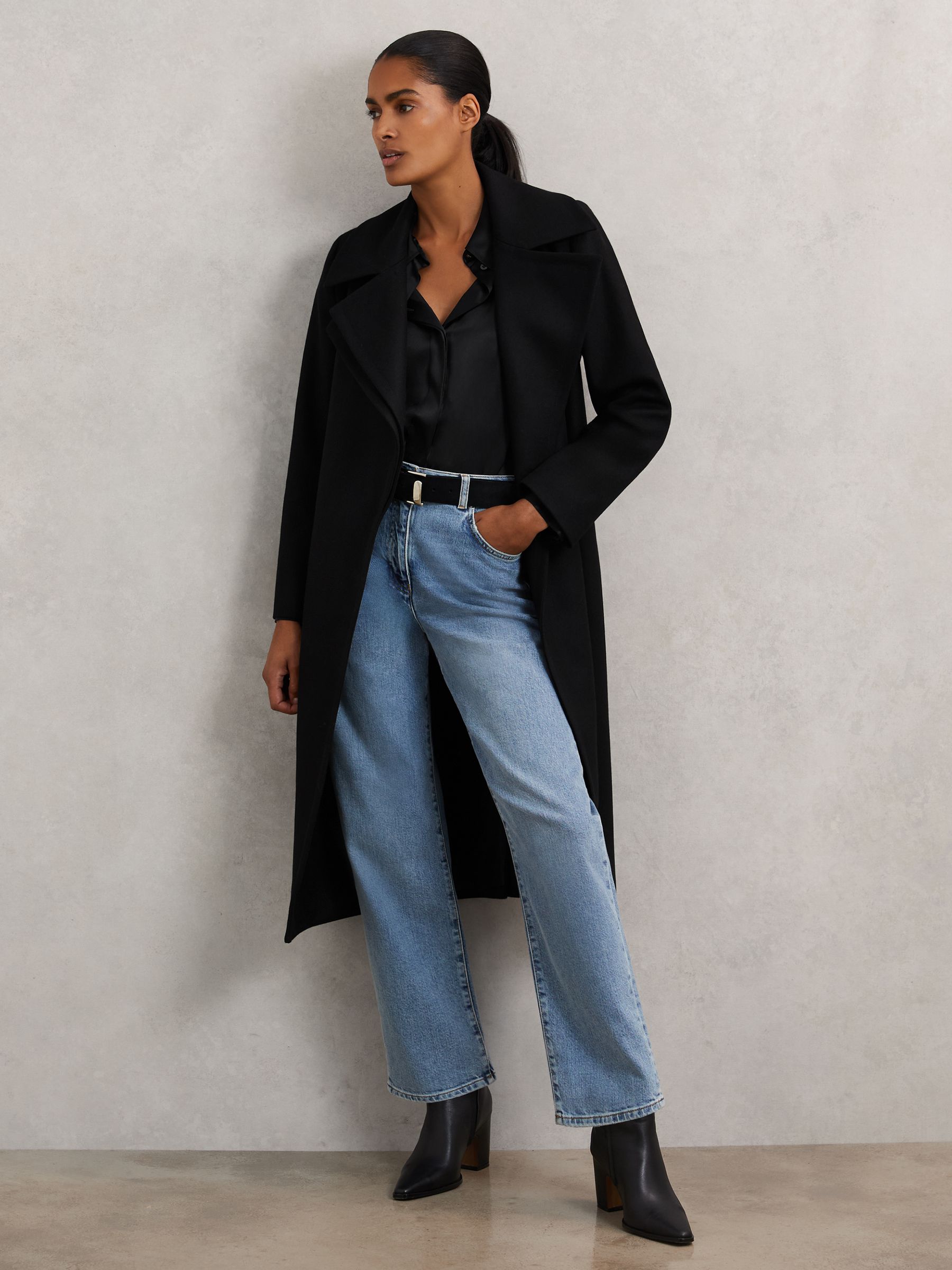 Petite Wool-Blend Double-Lapel Belted Coat With Cashmere in Black