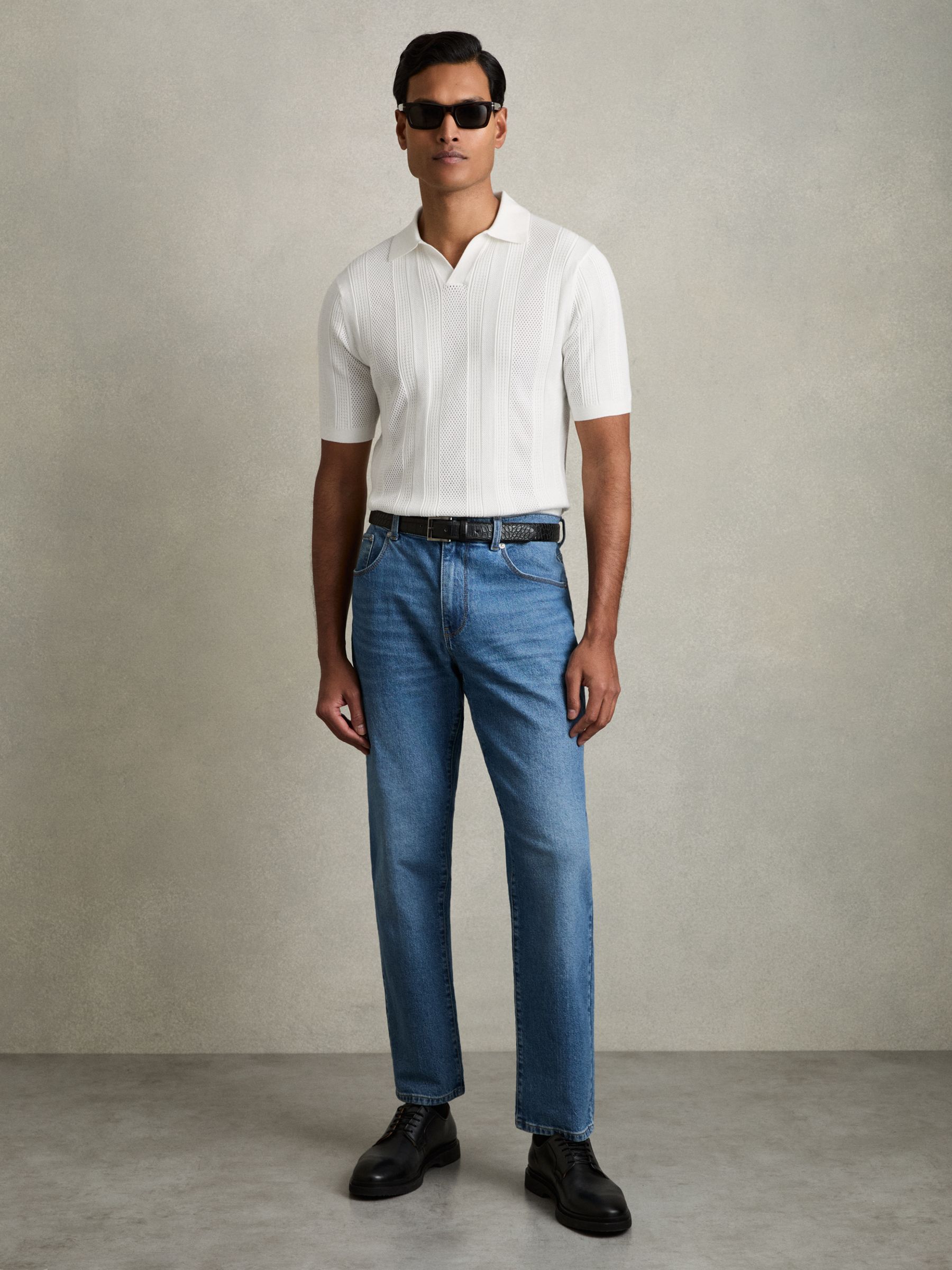 Textured-Stripe Knitted Polo Shirt in White