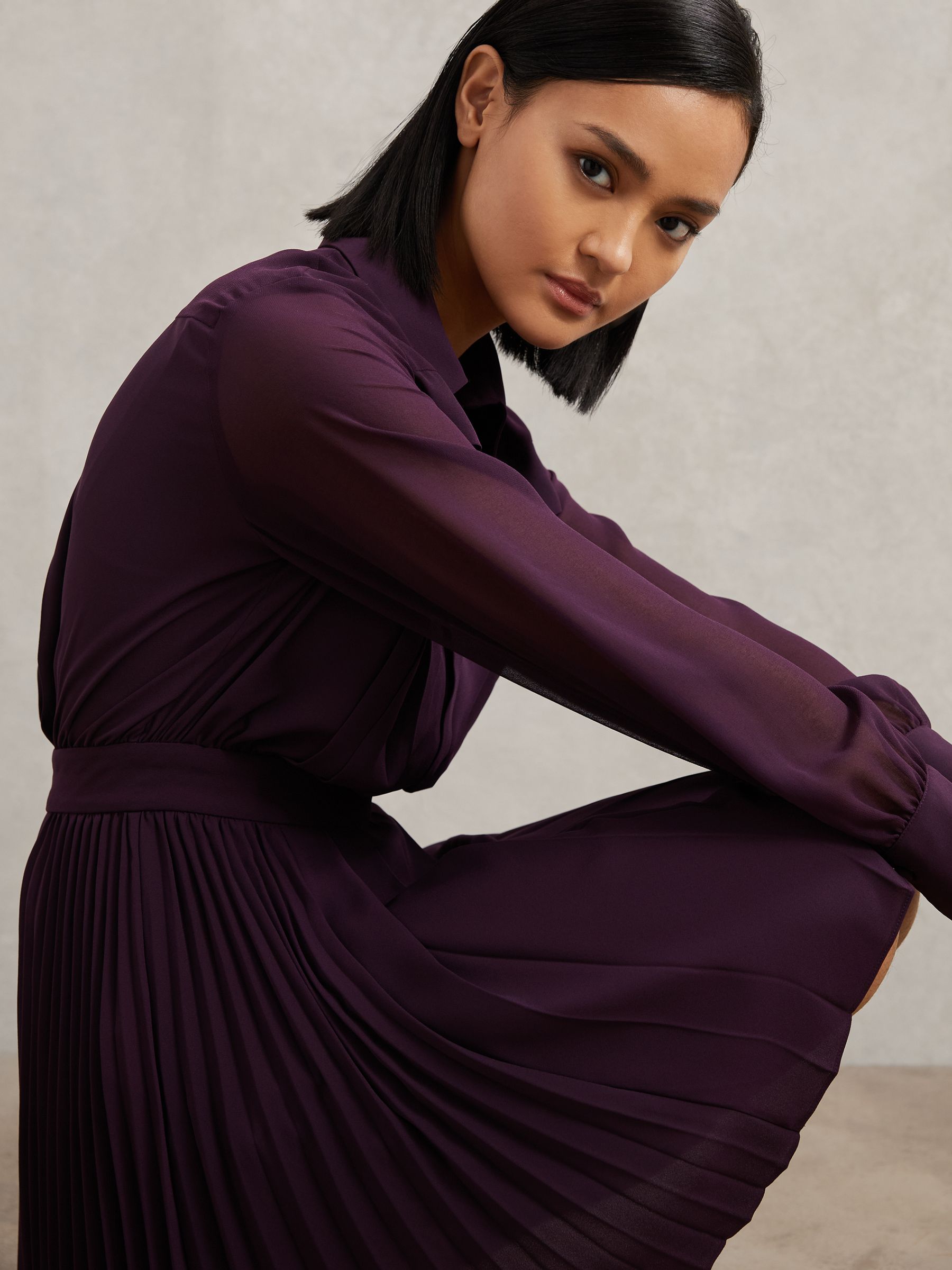 Pleated Sheer-Sleeve Mini Dress in Burgundy