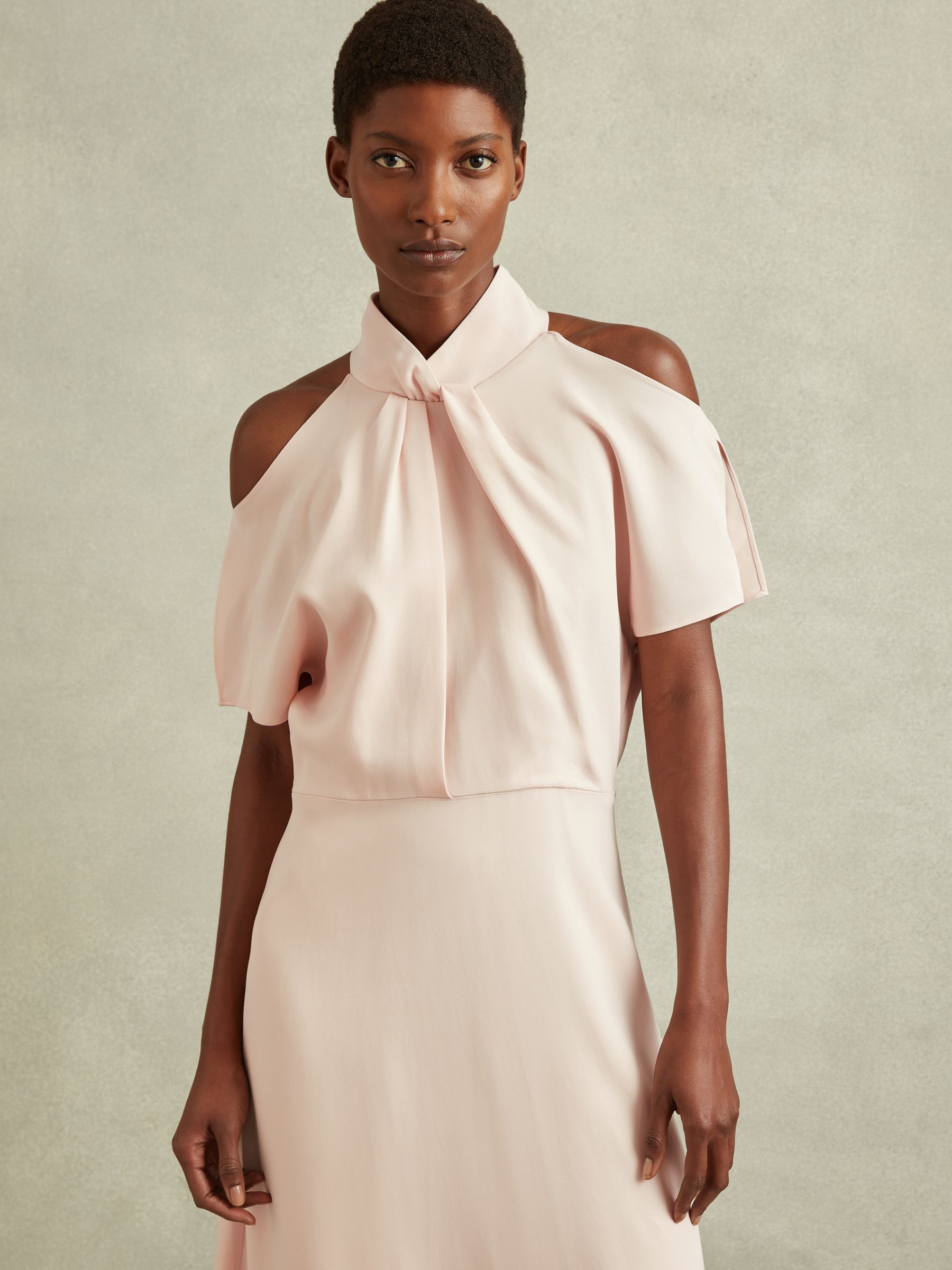 Twist Neck Cut Out Midi Dress in Nude