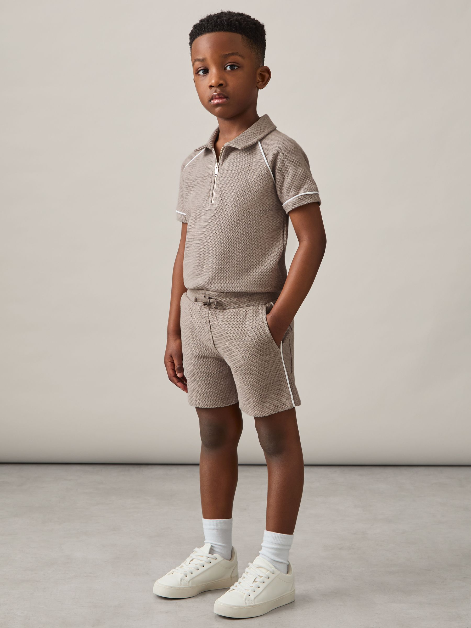 9-13 yrs Cotton Textured Piped Shorts in Mink Brown