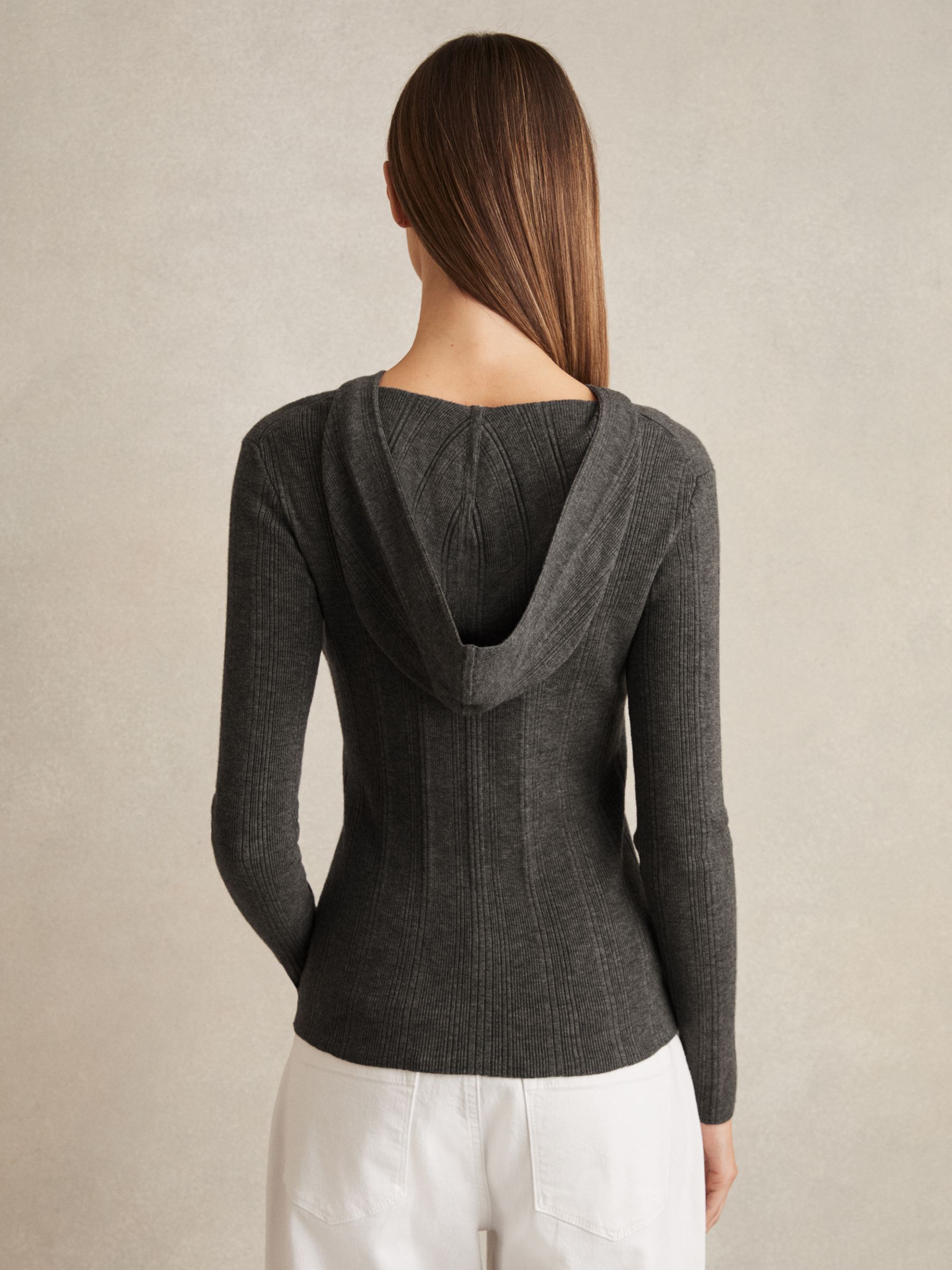Wool-Blend Rib-Knit Hooded Jumper in Charcoal