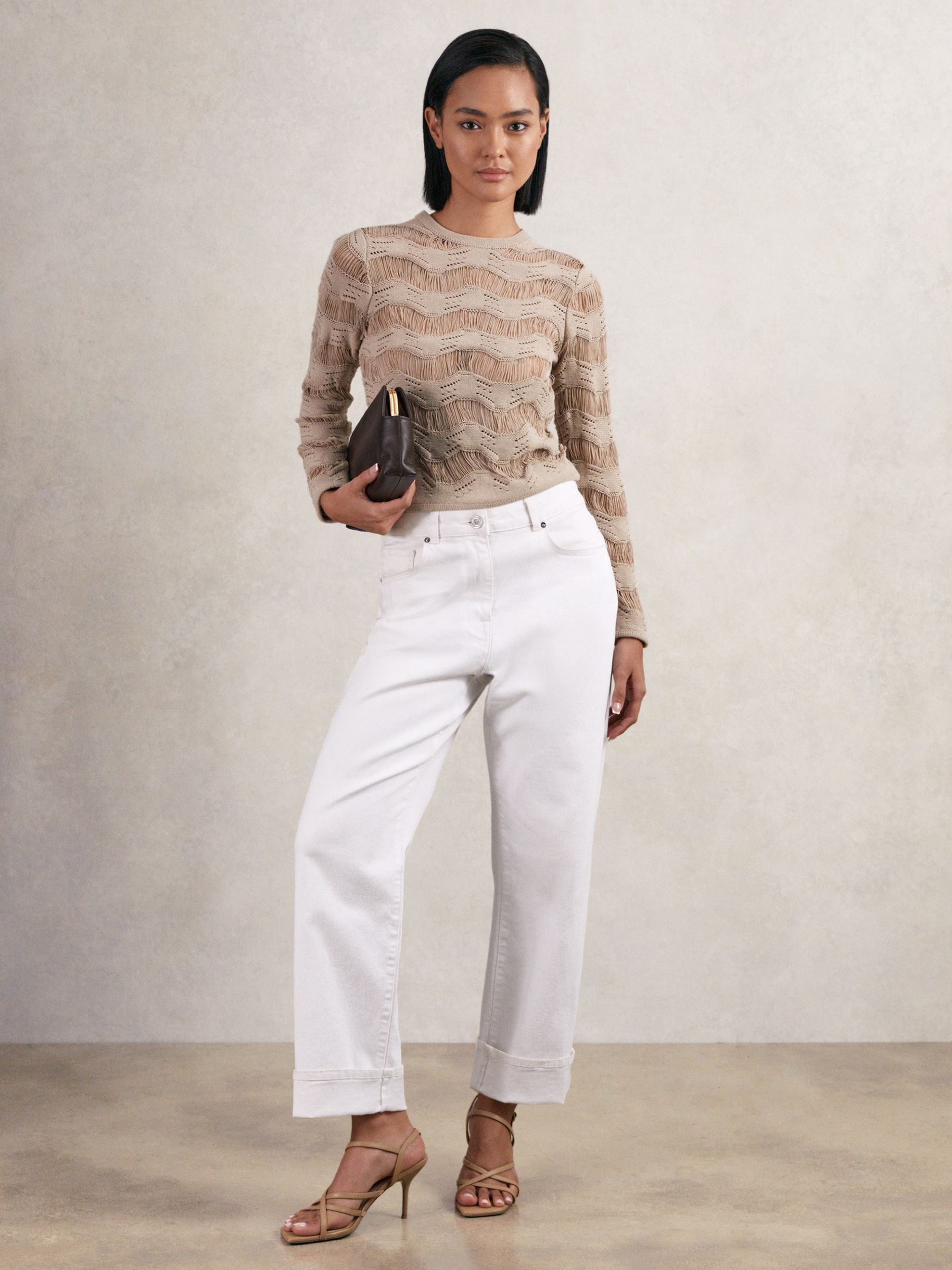 Cotton Blend Ladder Knit Top in Taupe Neutral