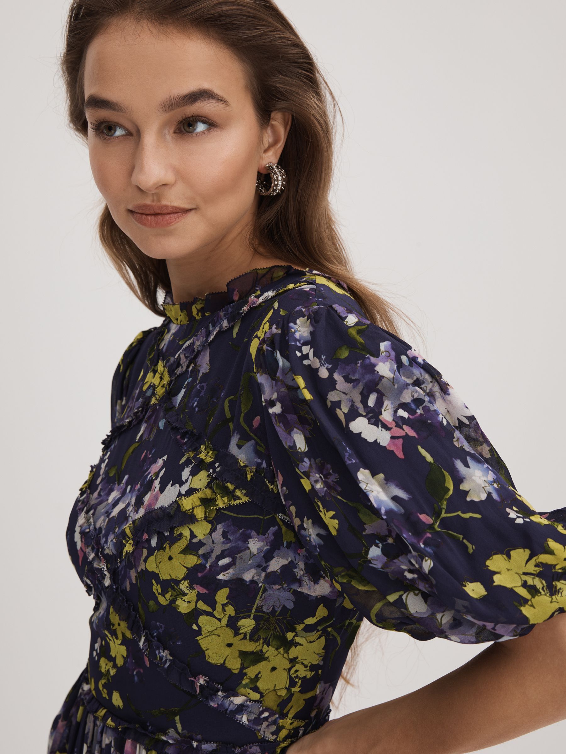 Florere Printed Puff Sleeve Mini Dress in Dark Purple