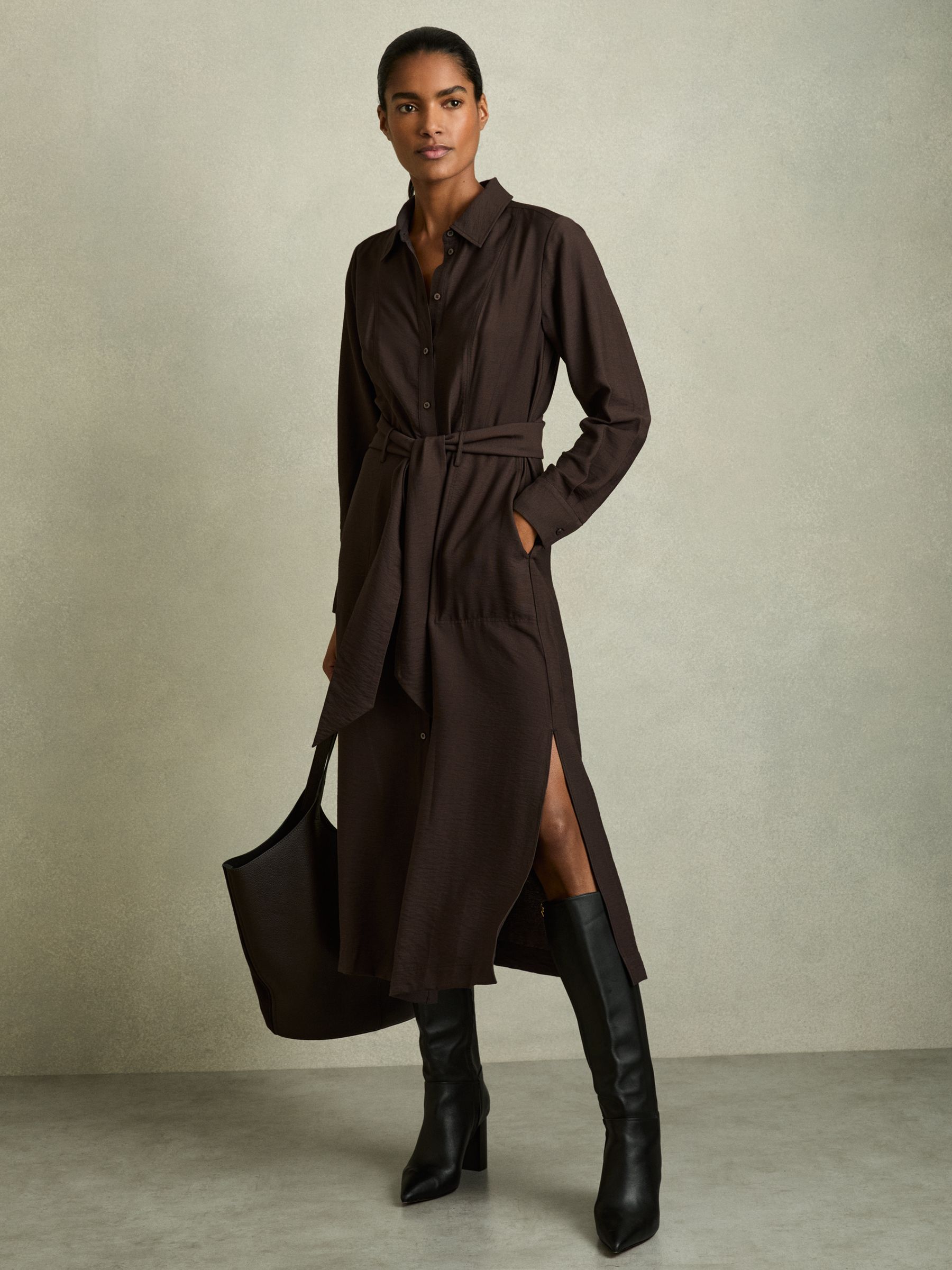 Long-Sleeve Belted Midi Dress in Charcoal